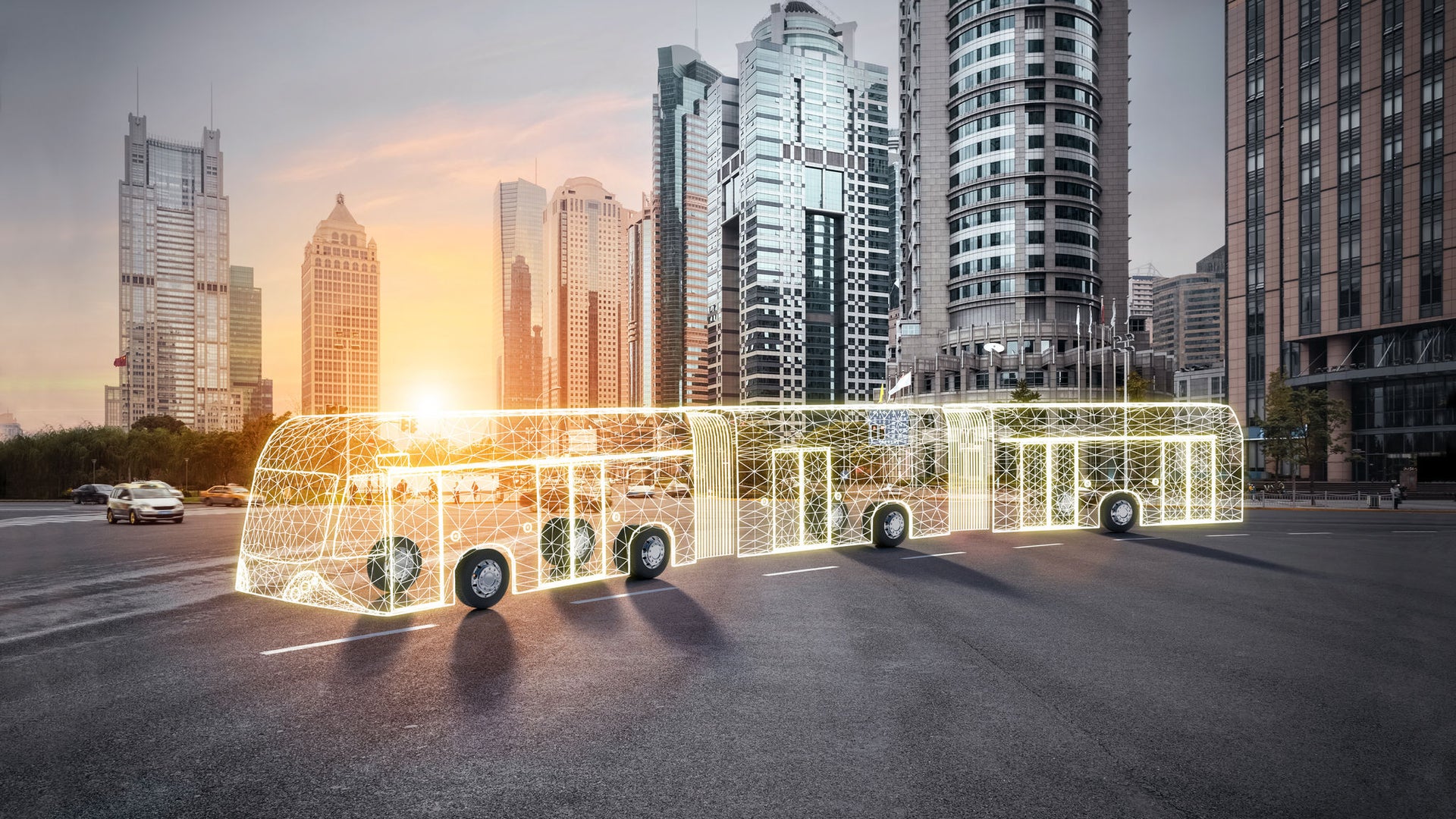 Electric bus adhesive application highlighted with line drawings 