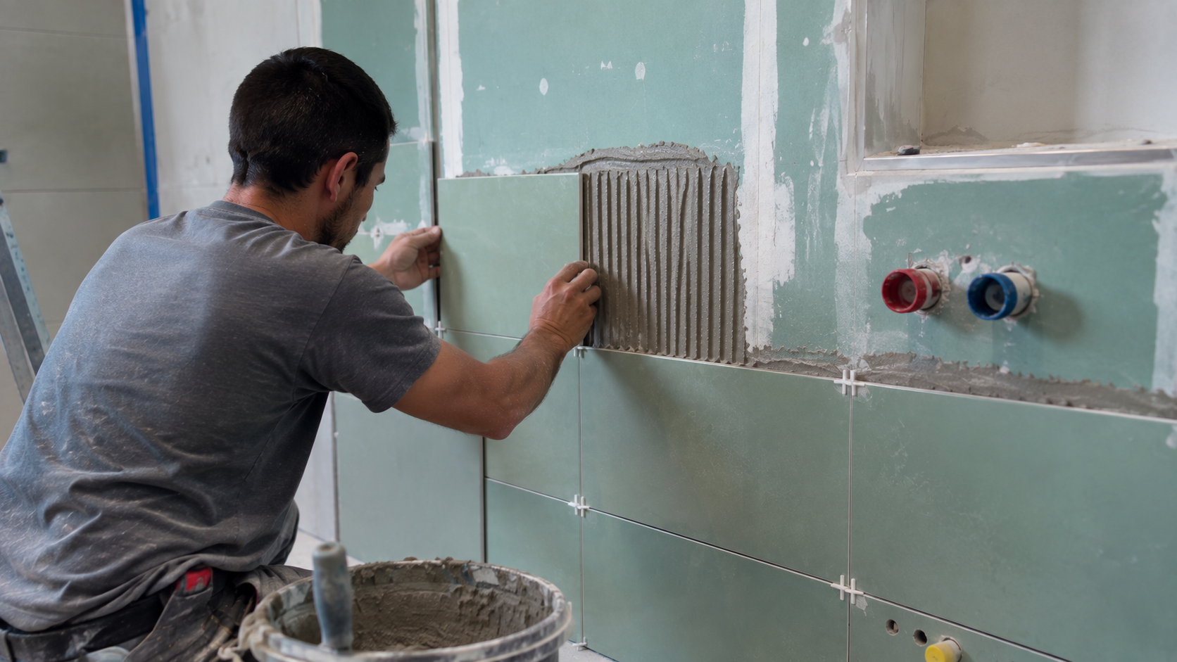Worker installing ceramic tiles on wall