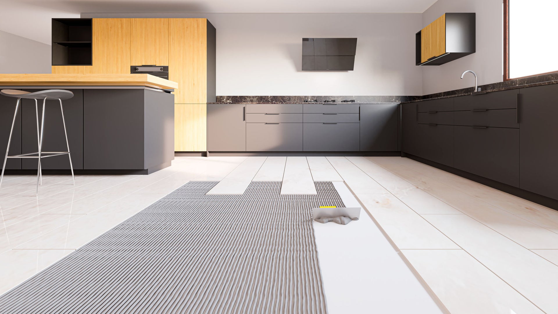 Modern kitchen with wooden cabinets and flooring