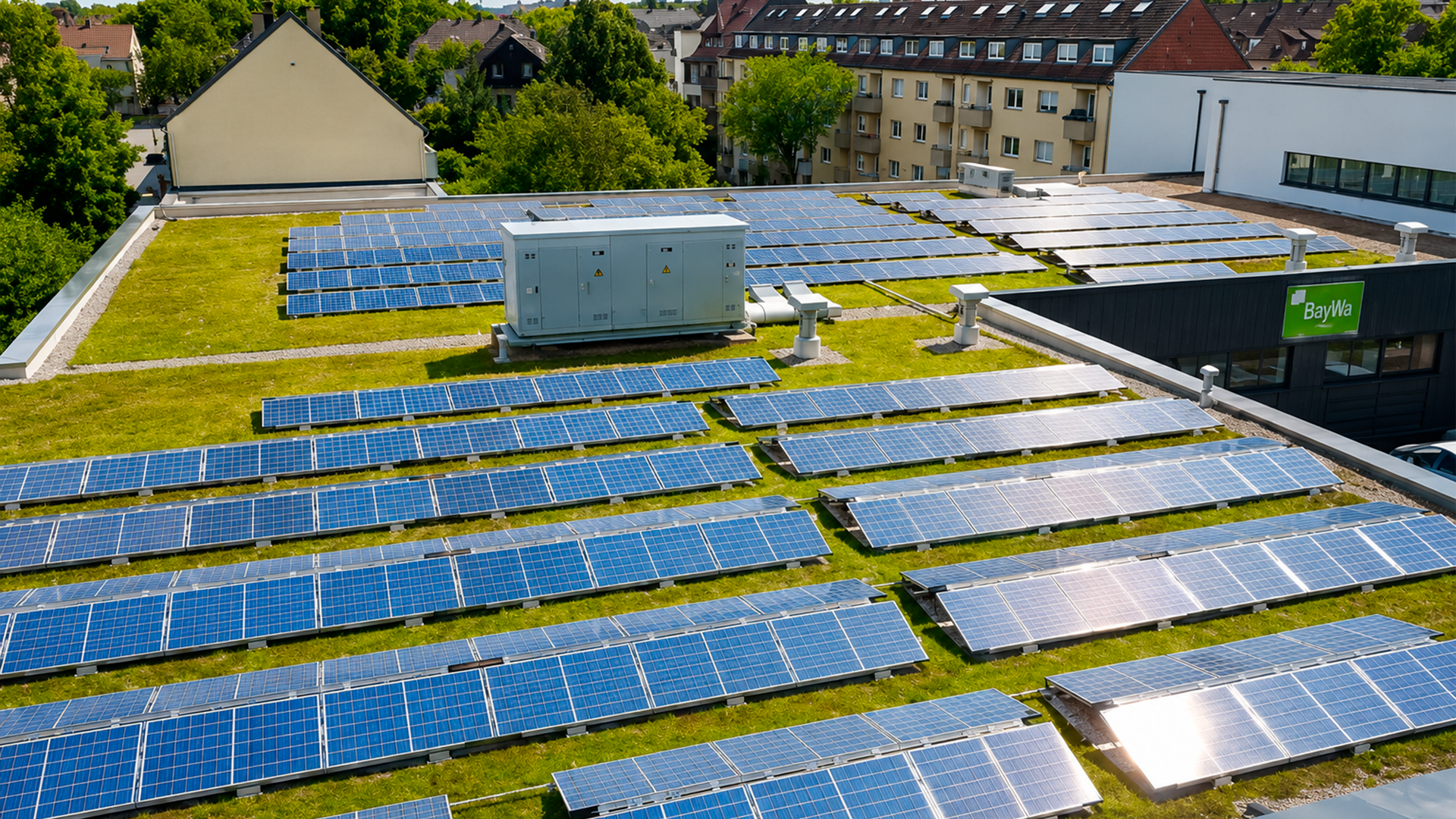 Rooftop solar panels on urban green building