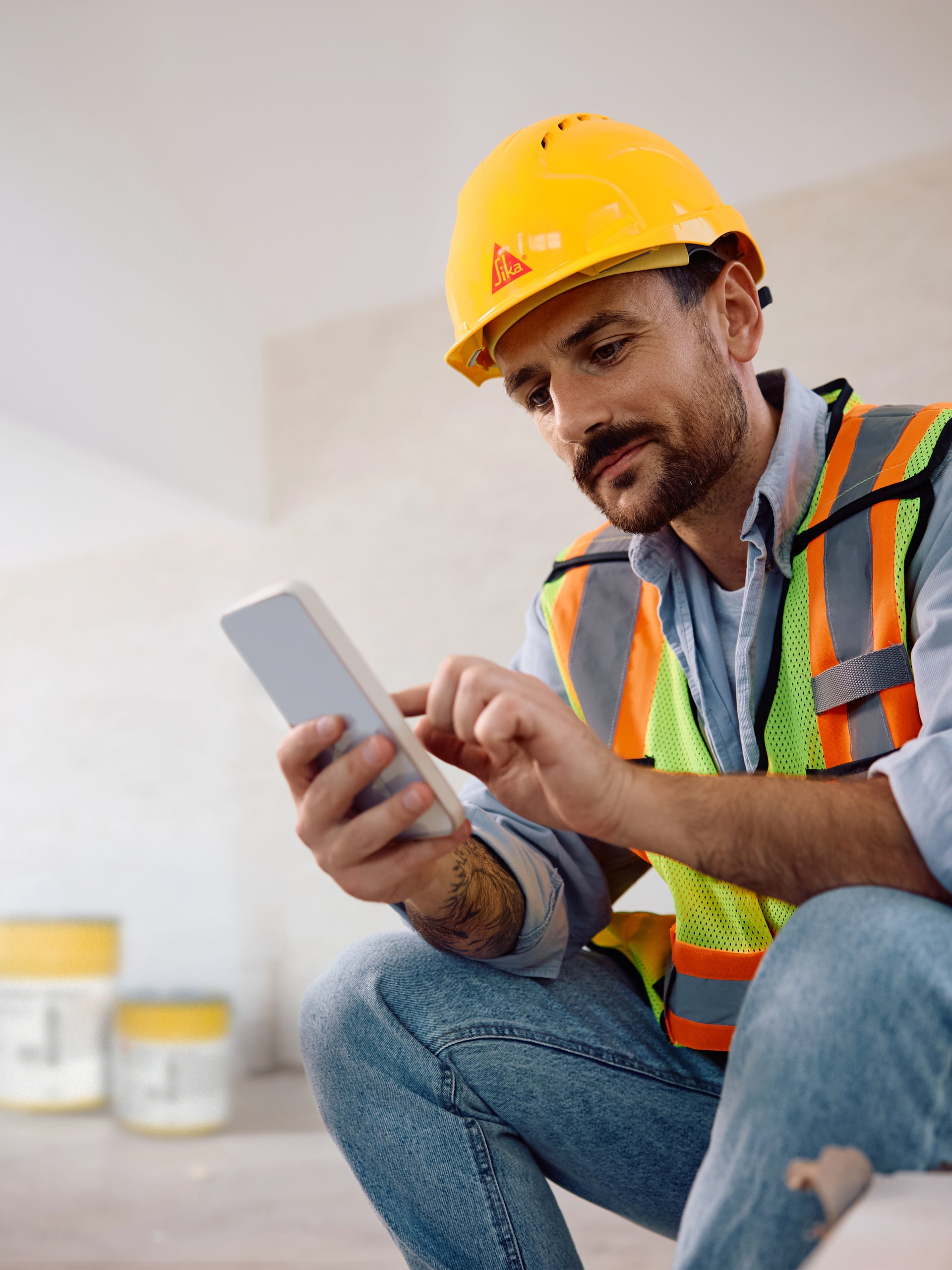 Construction worker using smartphone on site
