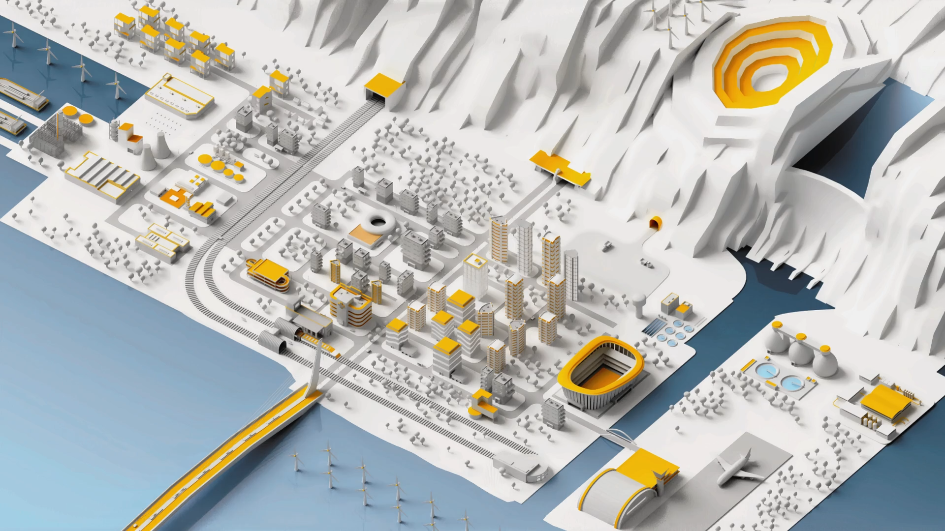 Illustration of Sika city in white, grey, blue and yellow showing highrise, urban landscape, bridge, airport, dam and more