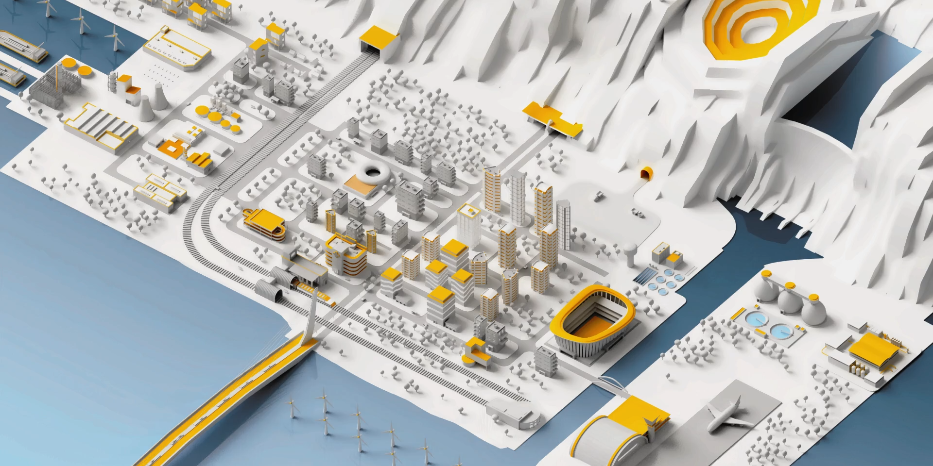 Illustration of Sika city in white, grey, blue and yellow showing highrise, urban landscape, bridge, airport, dam and more
