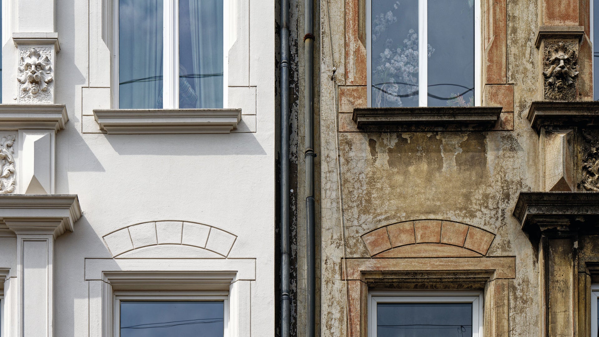 Contrast of Renovated and Weathered Building Facades