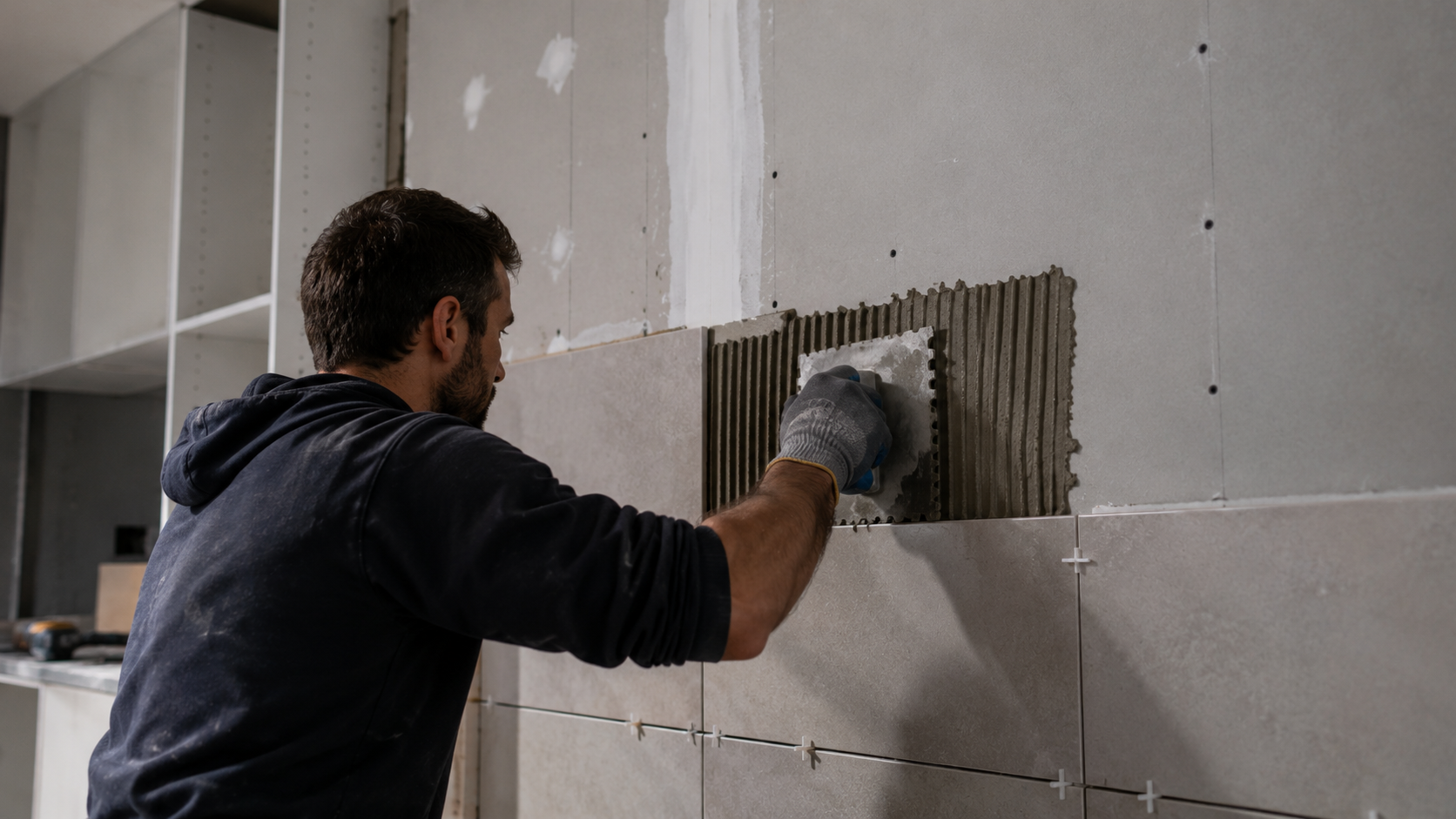 Worker applying tile adhesive on wall