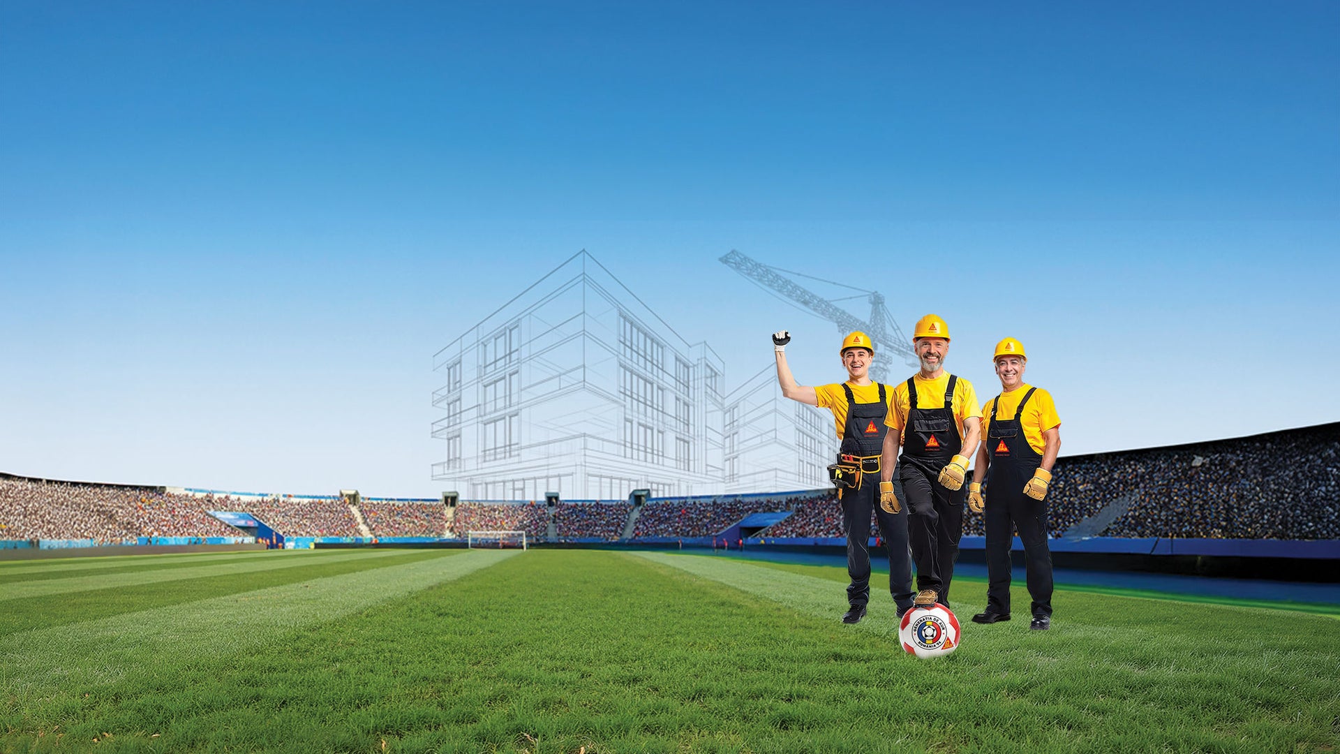 Construction workers on soccer stadium field