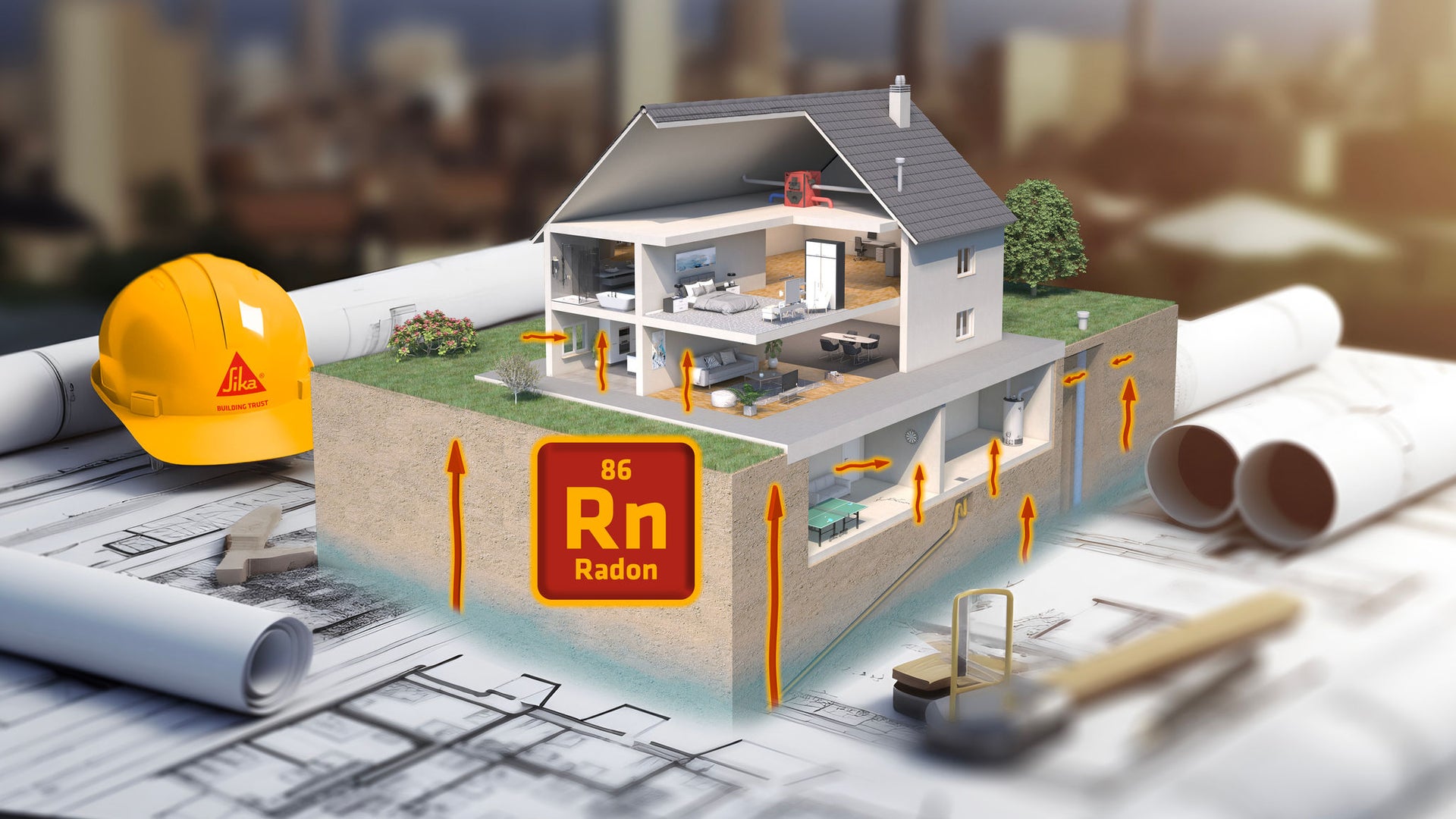 3D rendering of a desk with blueprints and a hard hat on top. A residential house emerging from the blueprints, showing the possible ingress points of Radon gas into the house.