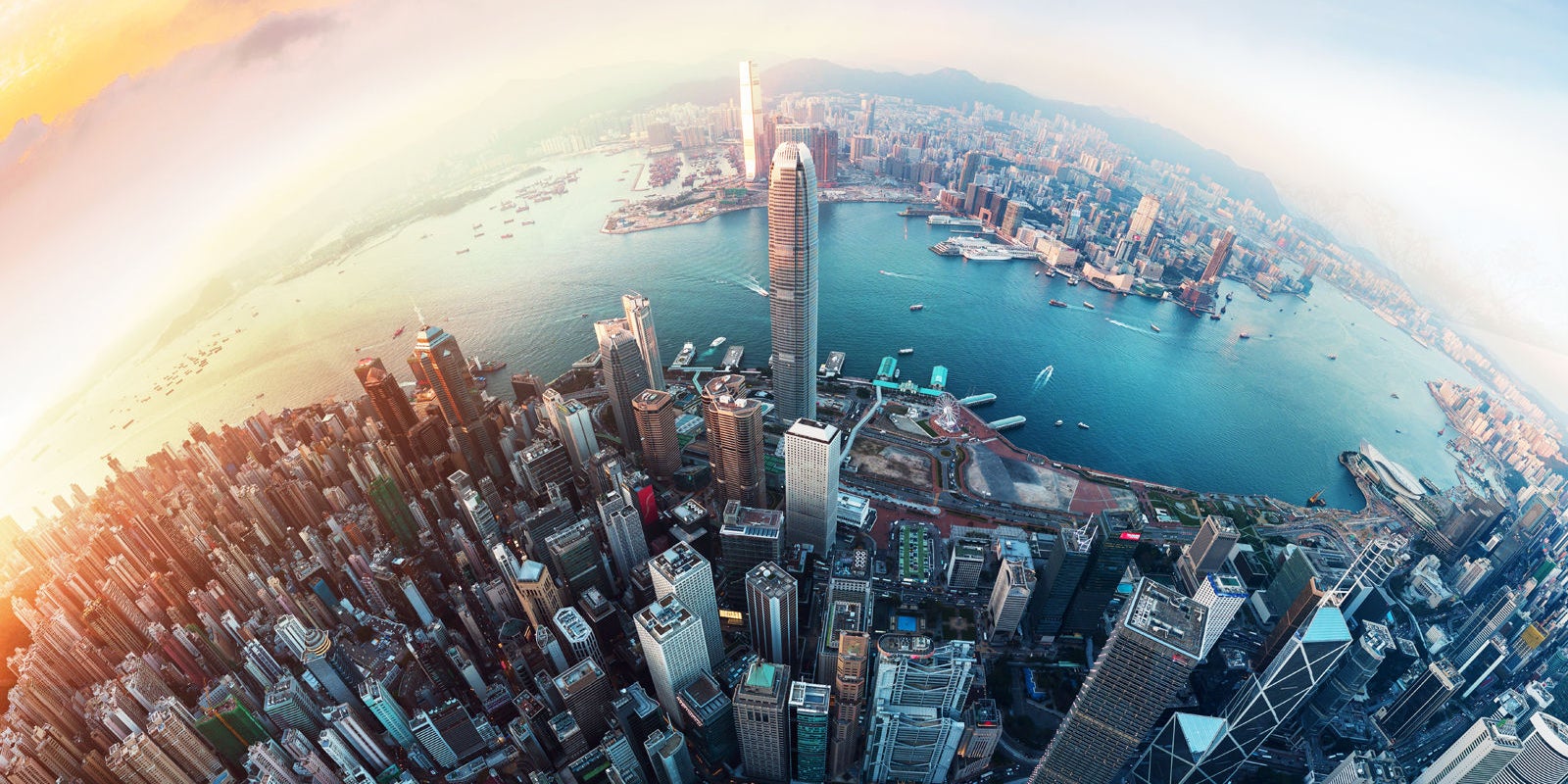 Aerial panoramic view of modern harbor city