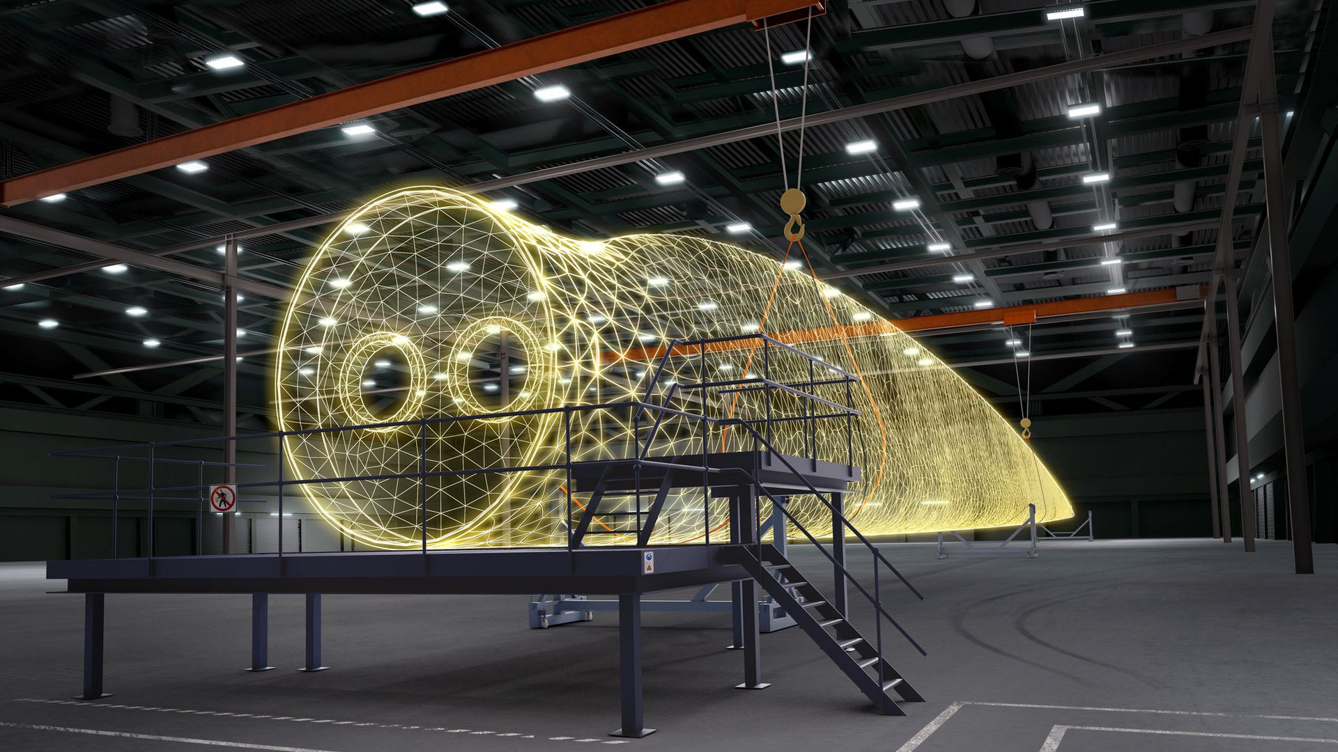 a Wind blade in a factory highlighted yellow lines are representing the applications  