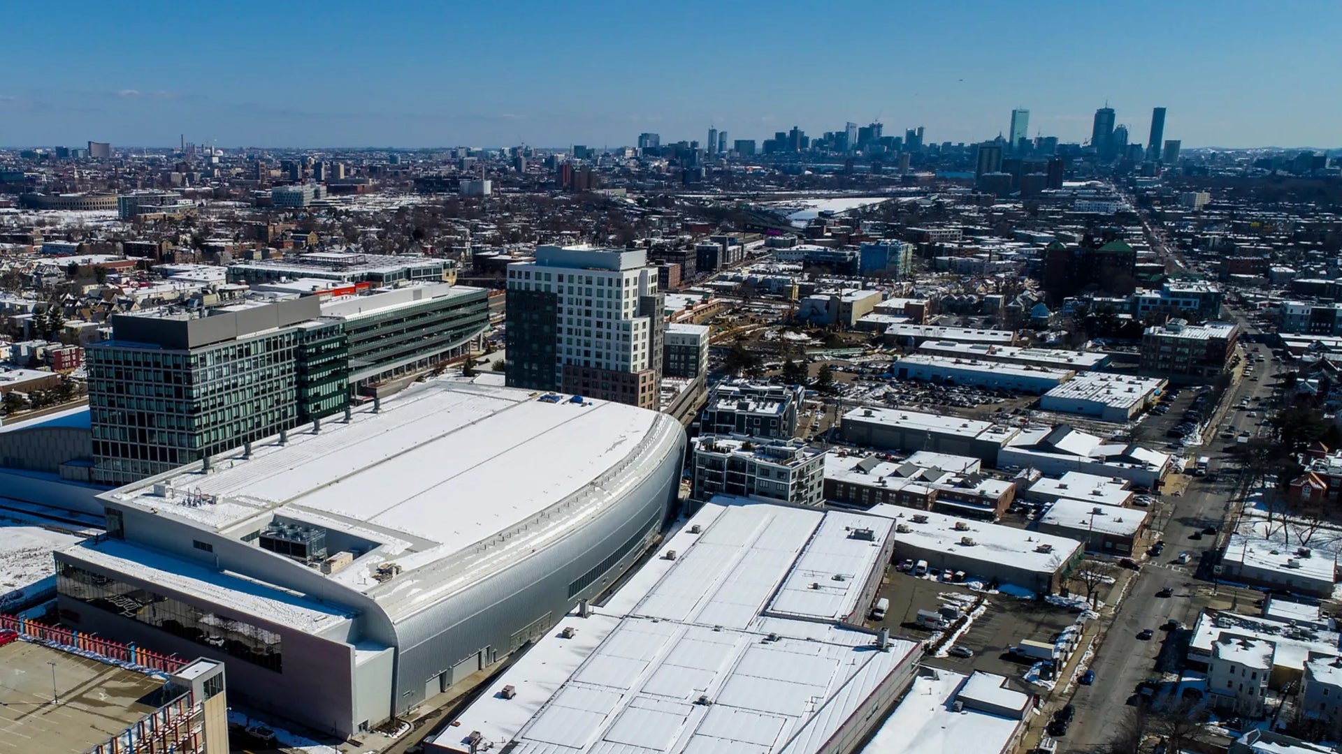 Aerial view of modern urban arena district
