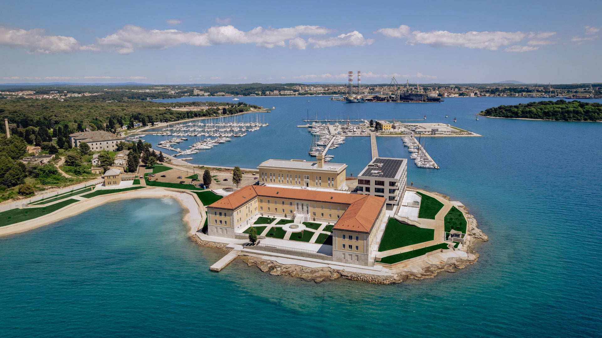 Aerial view of coastal island architecture