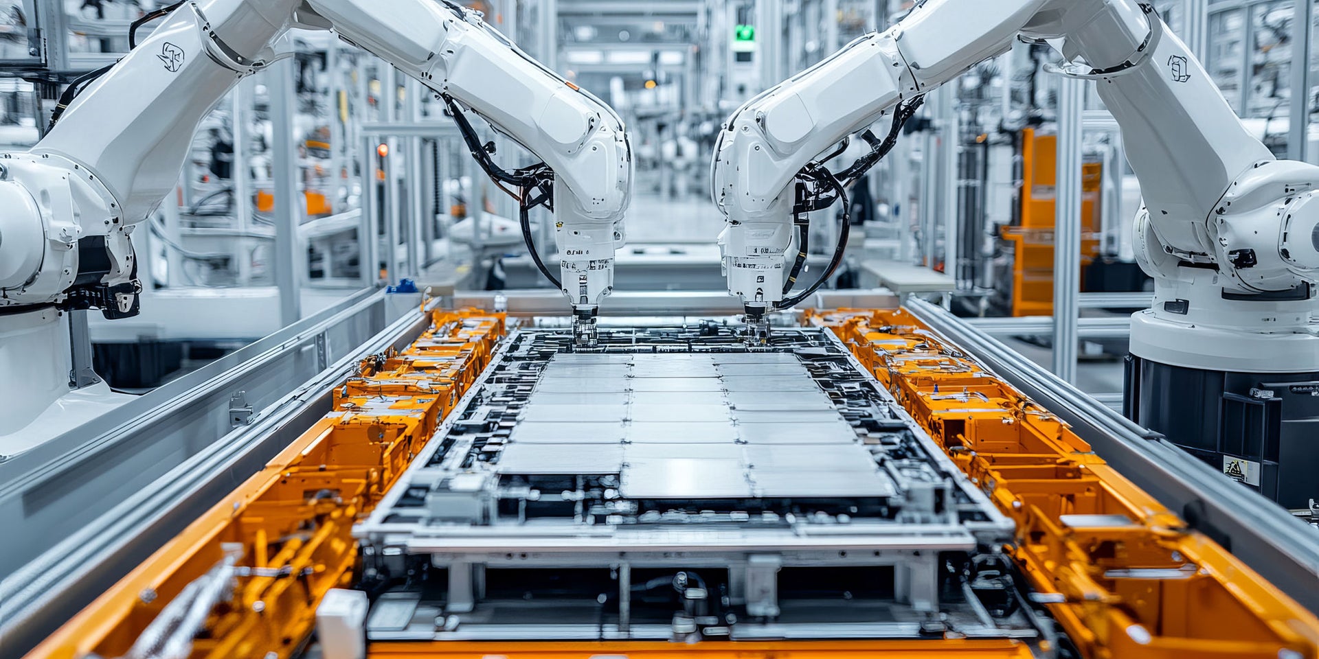 Robotic arms assembling a battery pack 