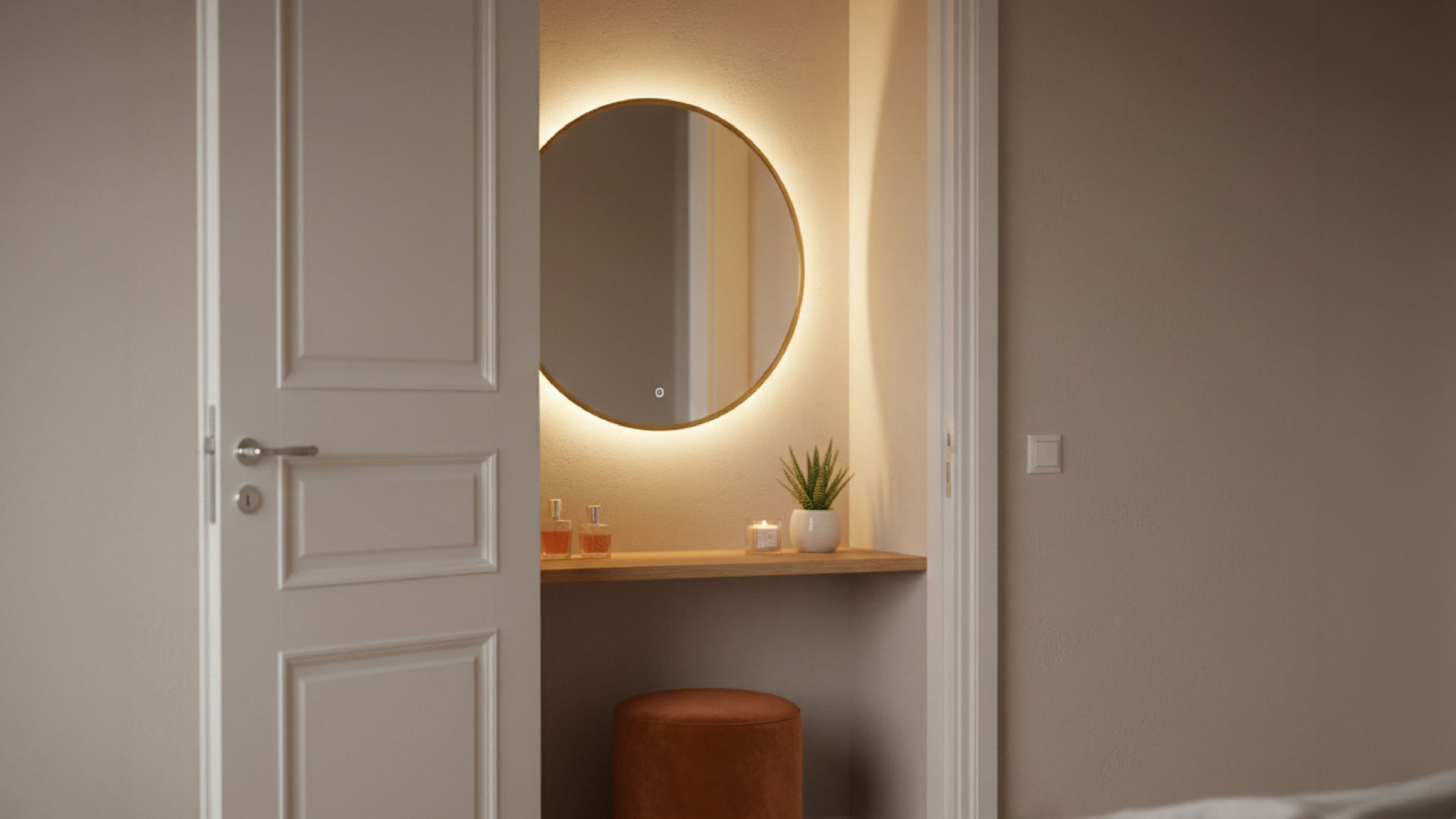 Minimalist vanity corner with round backlit mirror