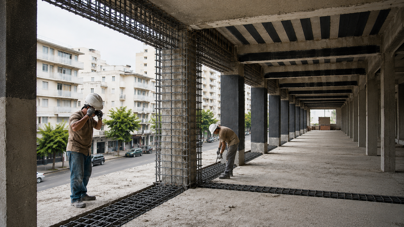 Construction workers reinforcing concrete building structure