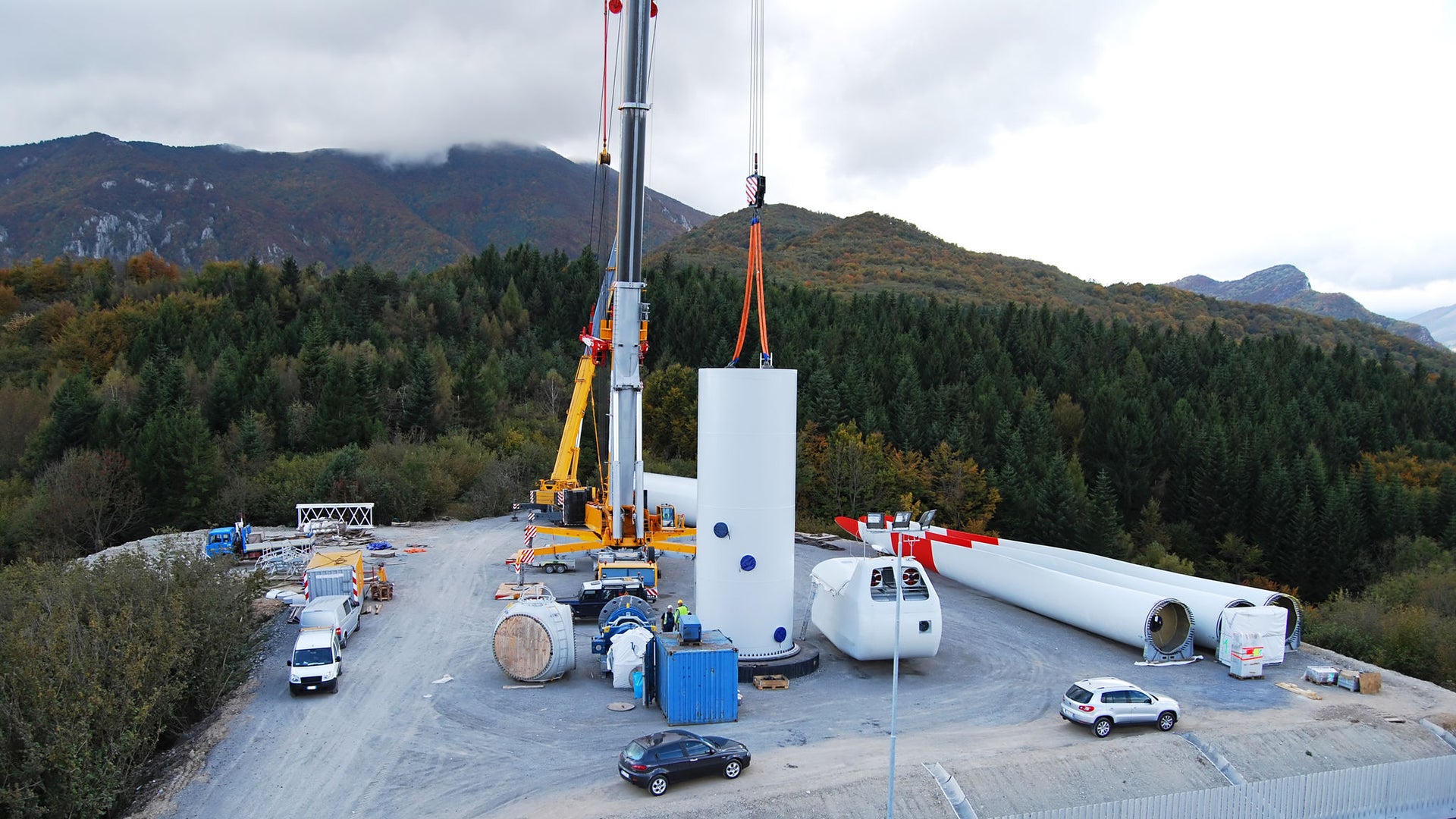 Wind turbine construction site with cranes