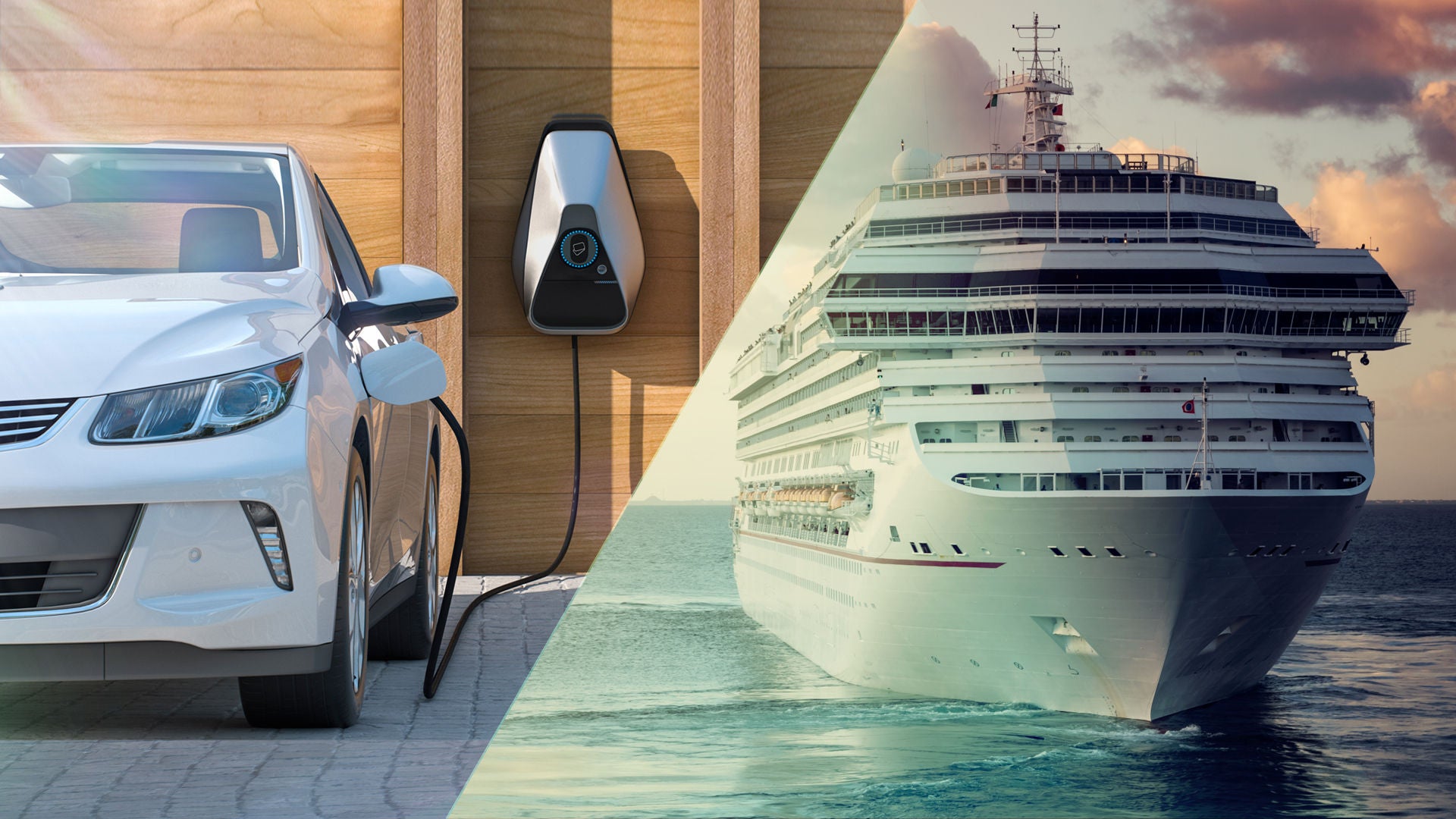 Sustainability image showing a car and a ship held in a greenish color image is diagonally split 