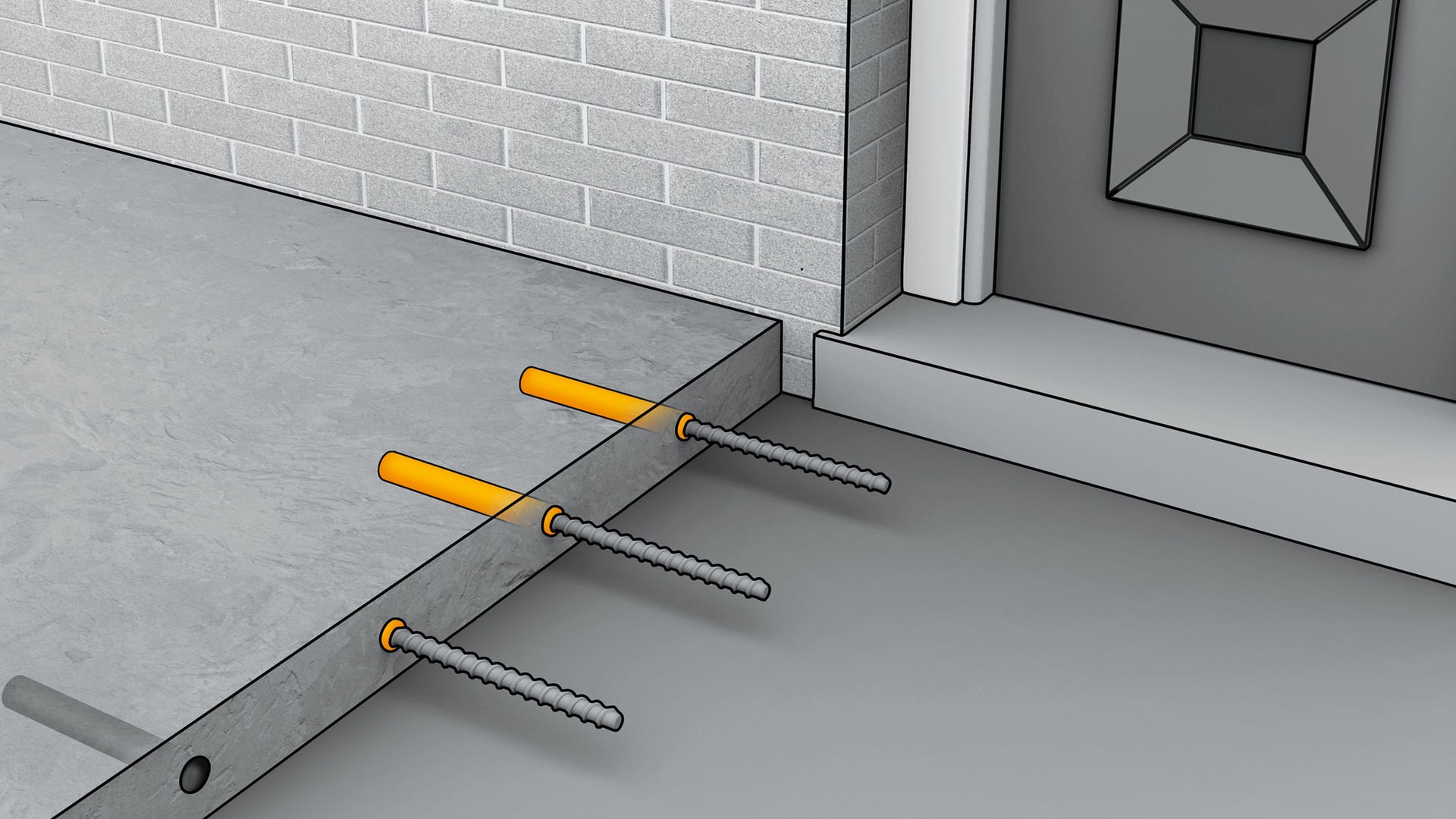 Greyscale image with yellow highlights showing chemical anchoring of rebars in a concrete slab