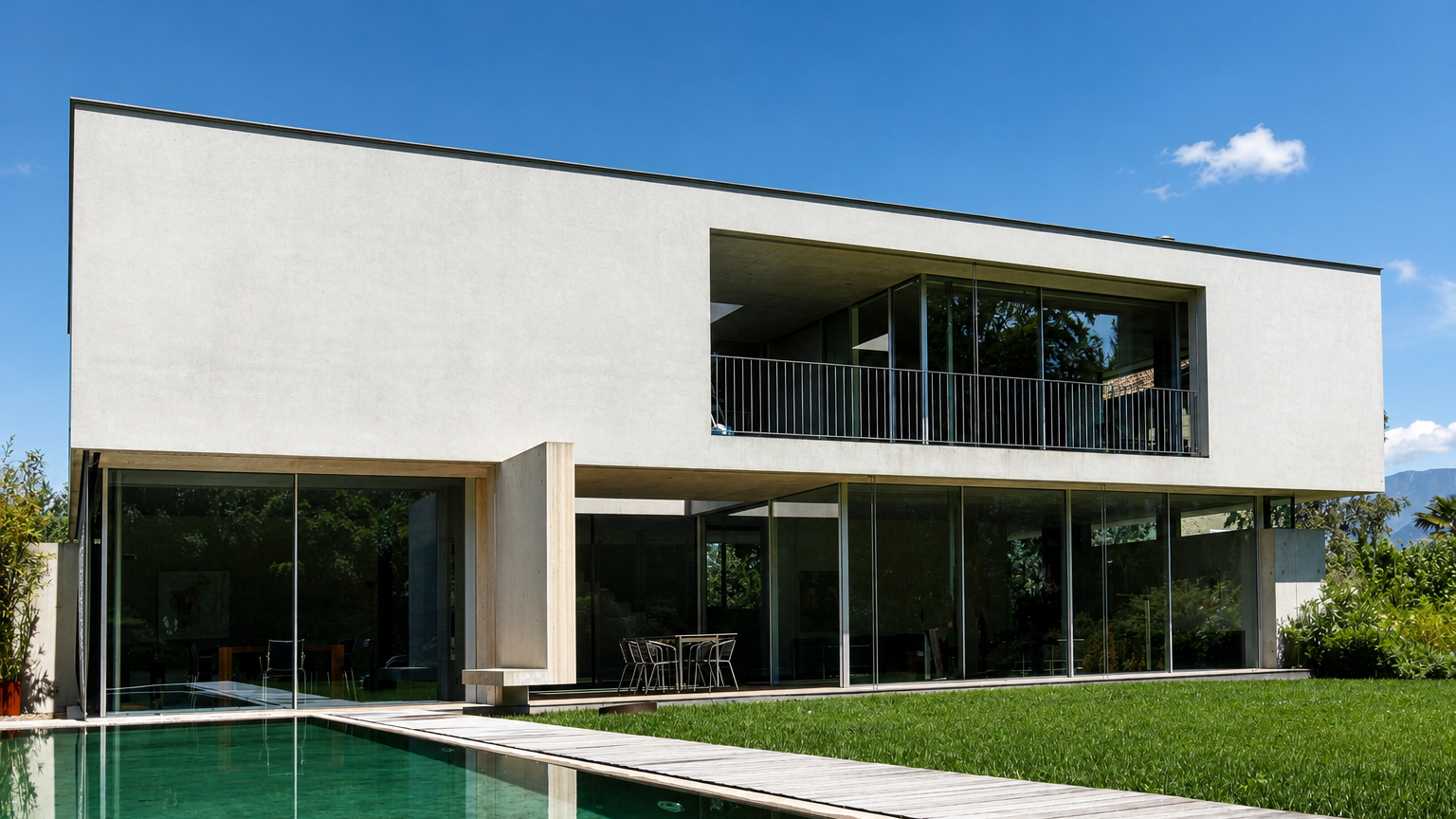 Modern minimalist house with pool and lawn