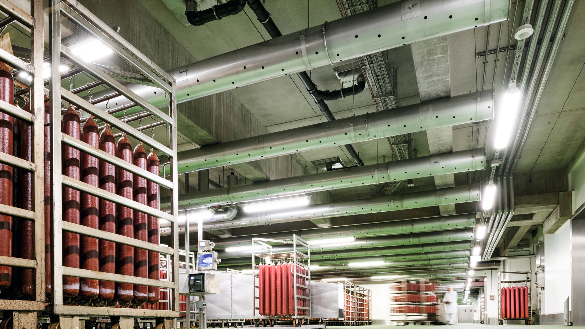 Racks of sausages and cured meats hanging in meat processing facility