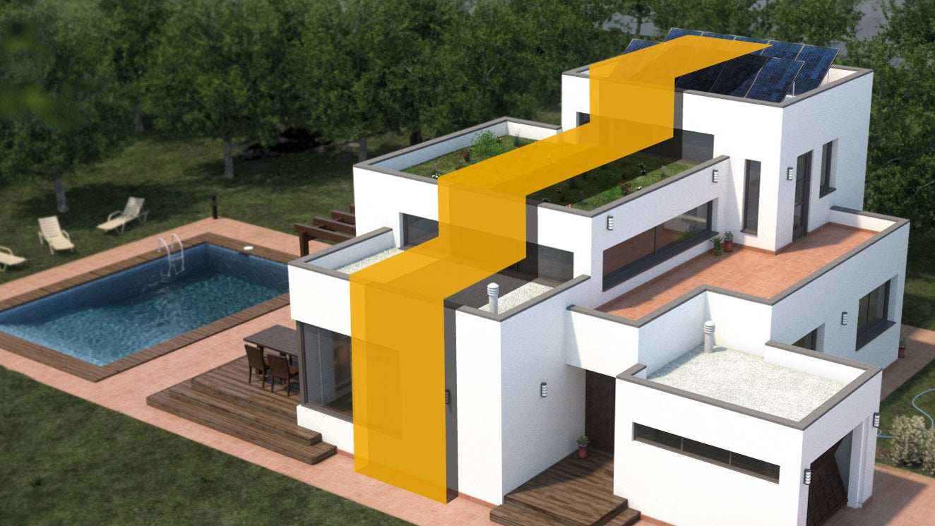 Modern white villa with pool and solar panels