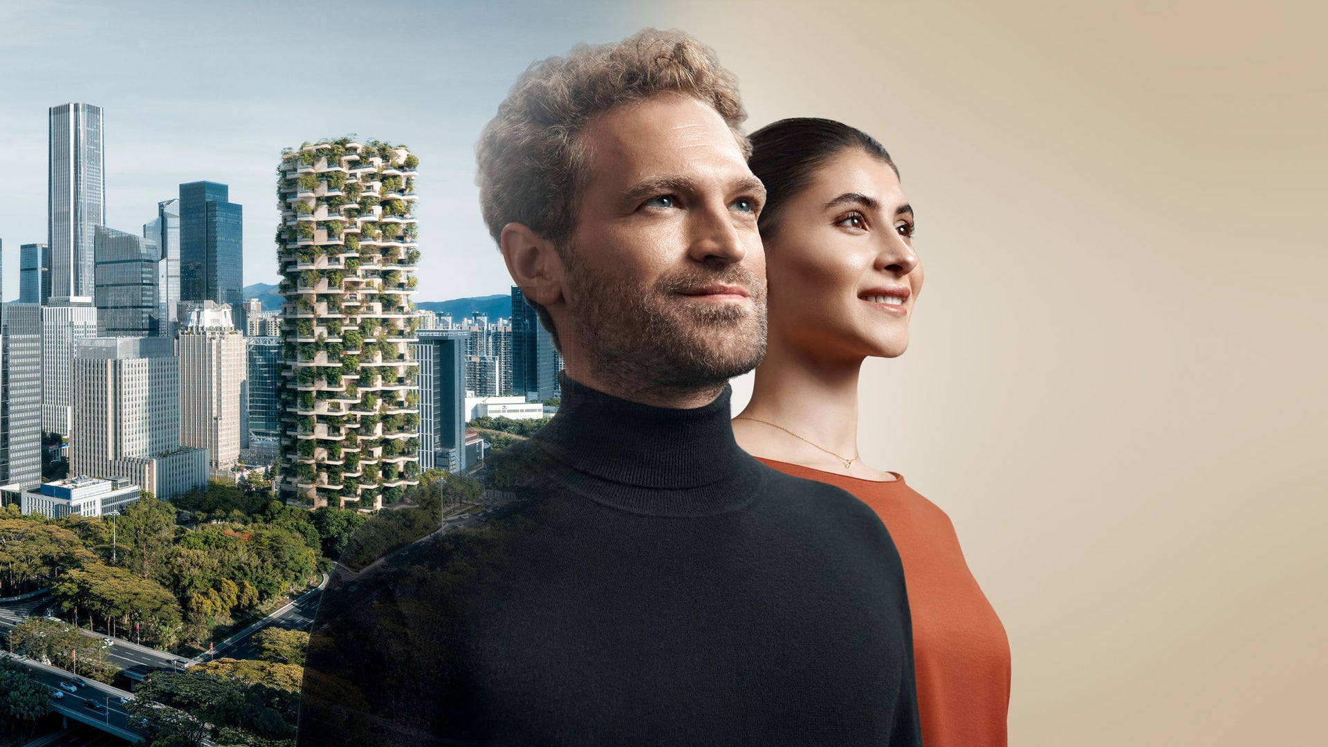Confident professionals with futuristic green cityscape