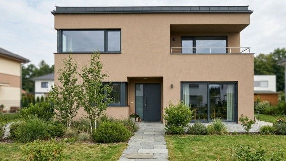 Modern two-story house with landscaped garden