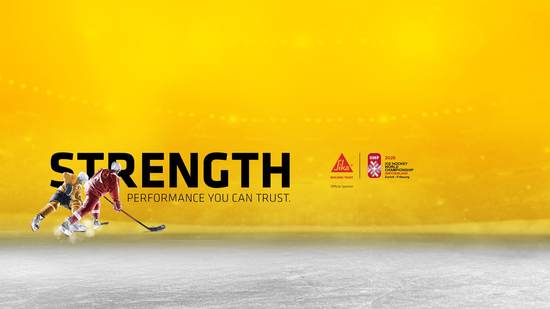 Ice hockey players in action with bold yellow backdrop