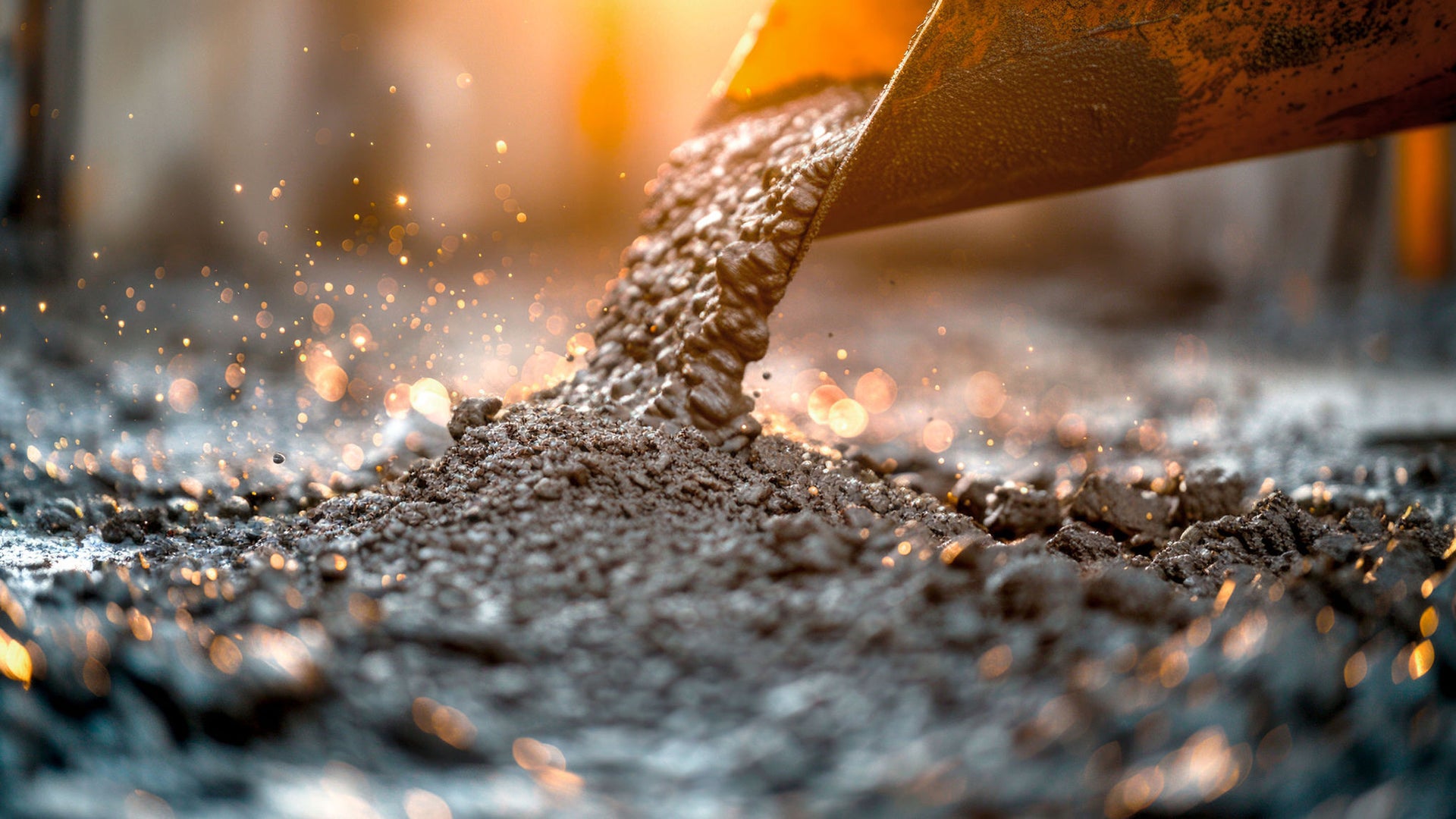 Fresh concrete pouring from mixer on construction site with sandy background