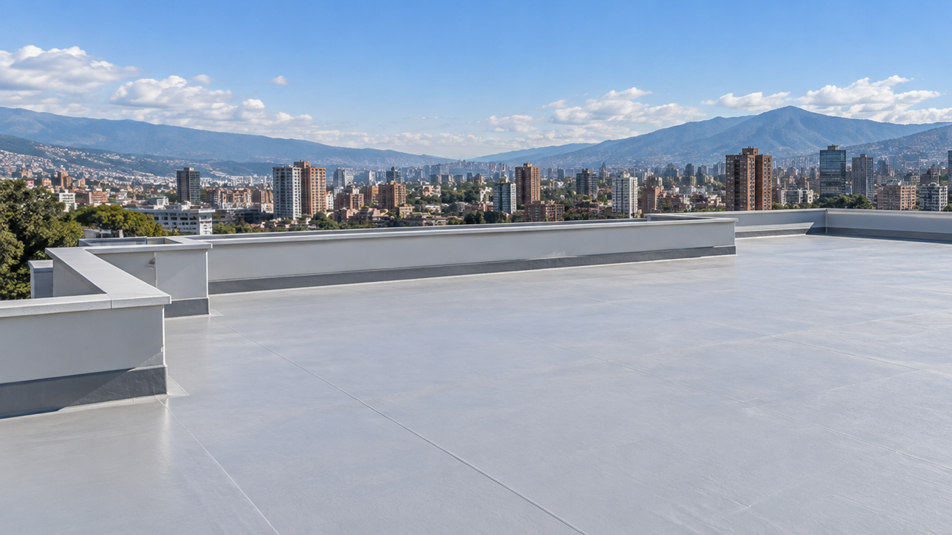 Modern flat rooftop overlooking city skyline