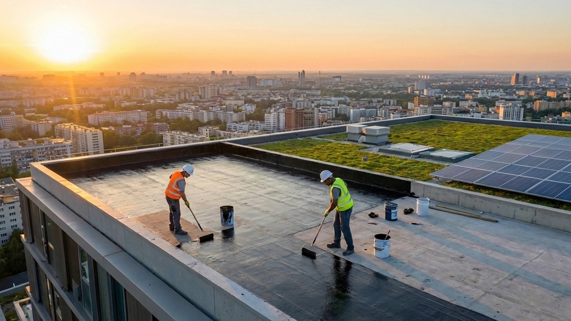 Construction Workers Waterproof Rooftop at Sunset