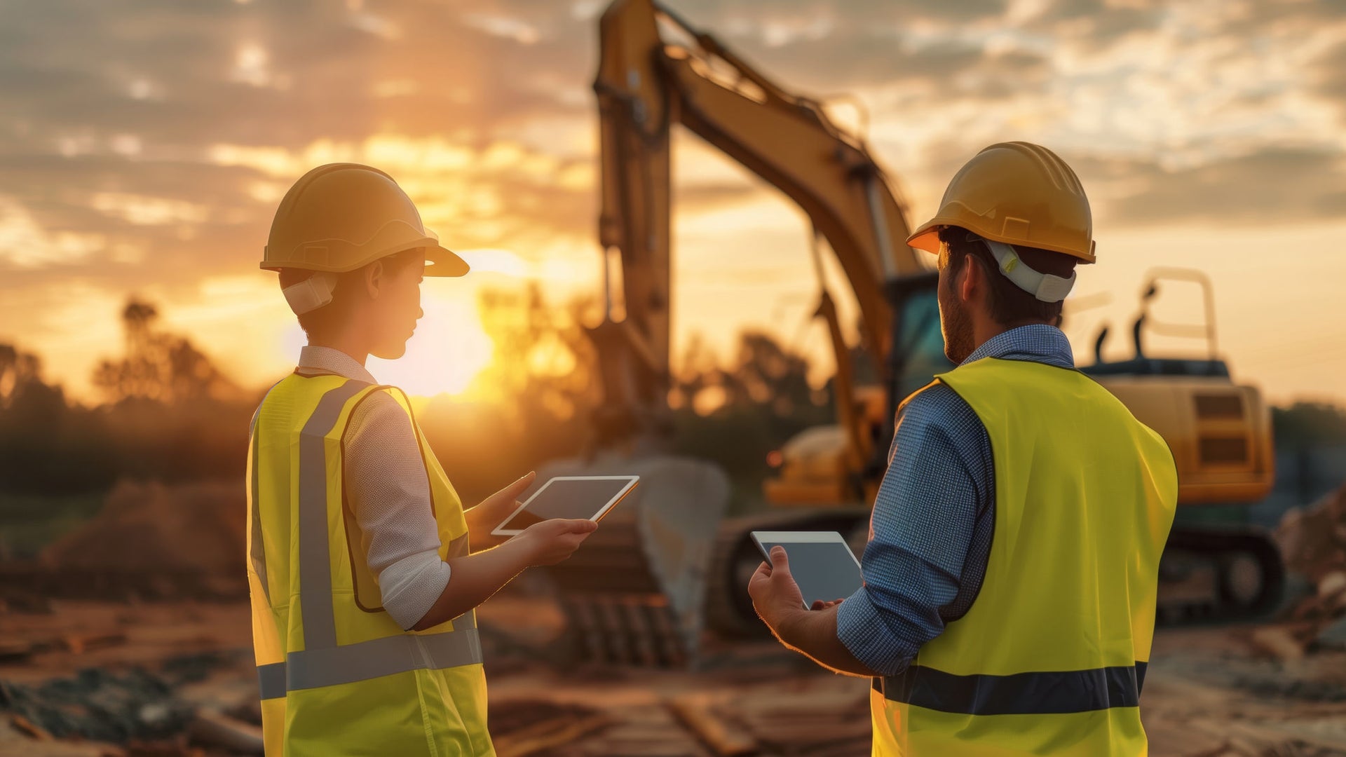 workers on construction site with tablets and hard hats