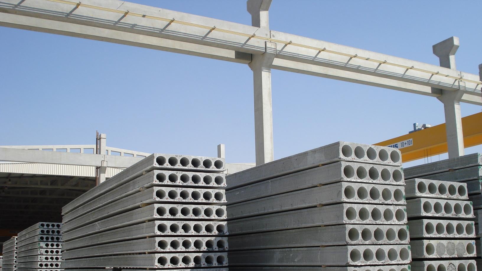Stacks of hollowed precast conrete elements awaiting transportation