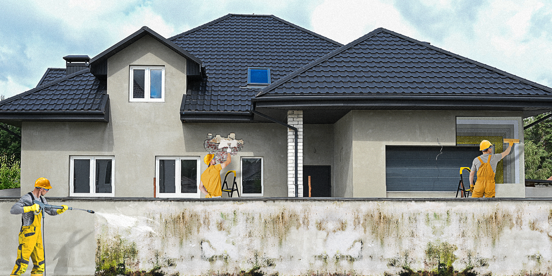 People cleaning, repairing, and renovating home exterior walls