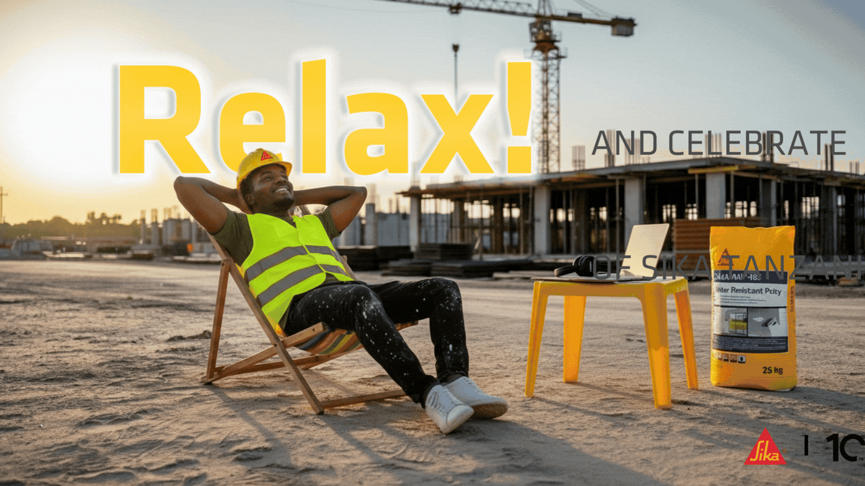Construction worker relaxing at sunset