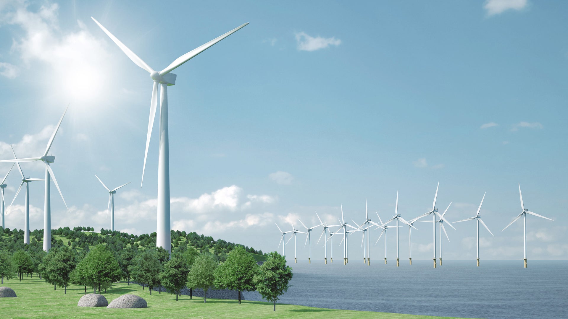 A graphic presenting wind turbines near forest and ocean