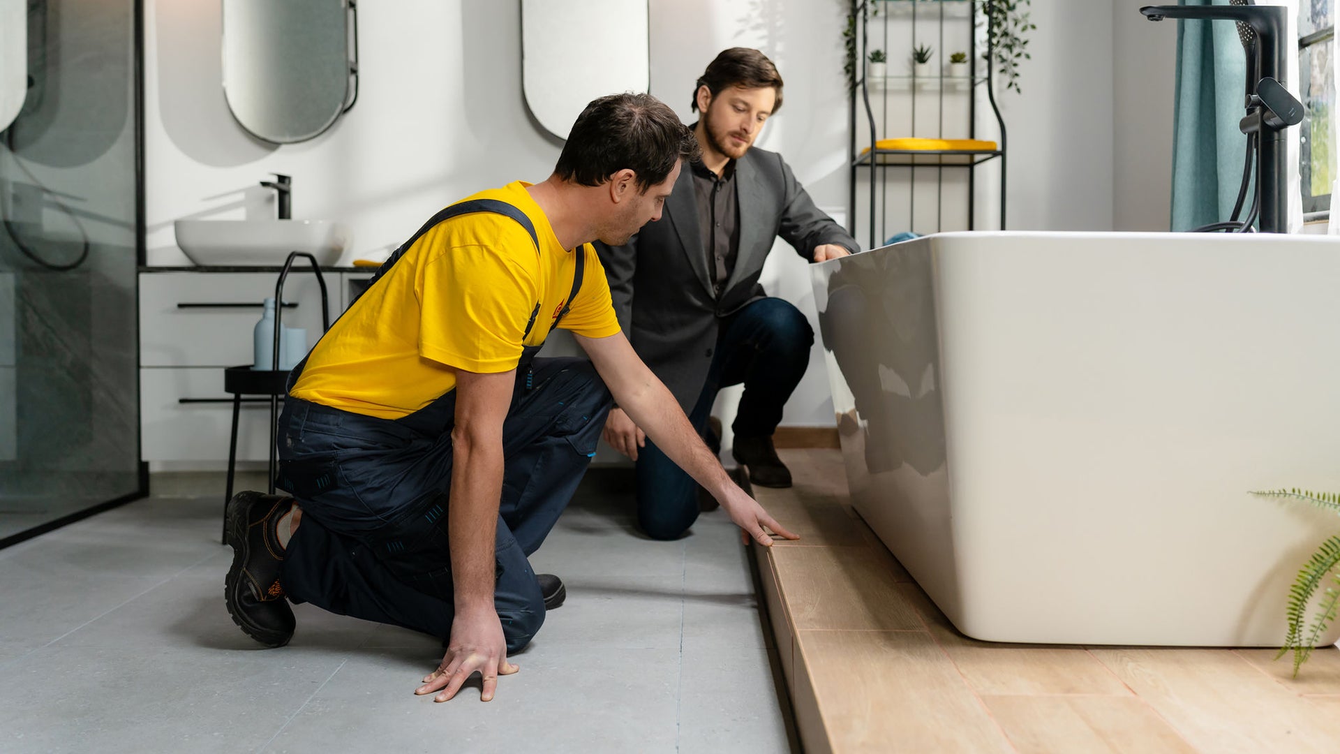 white van man and client in bathroom