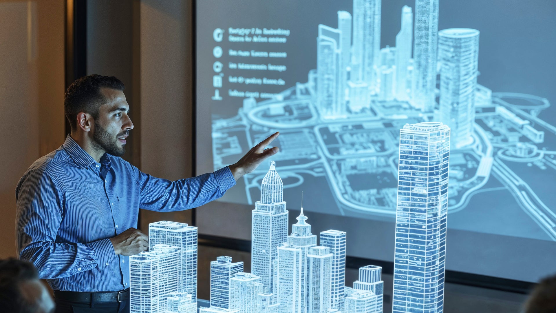 Architect presenting futuristic 3D city model