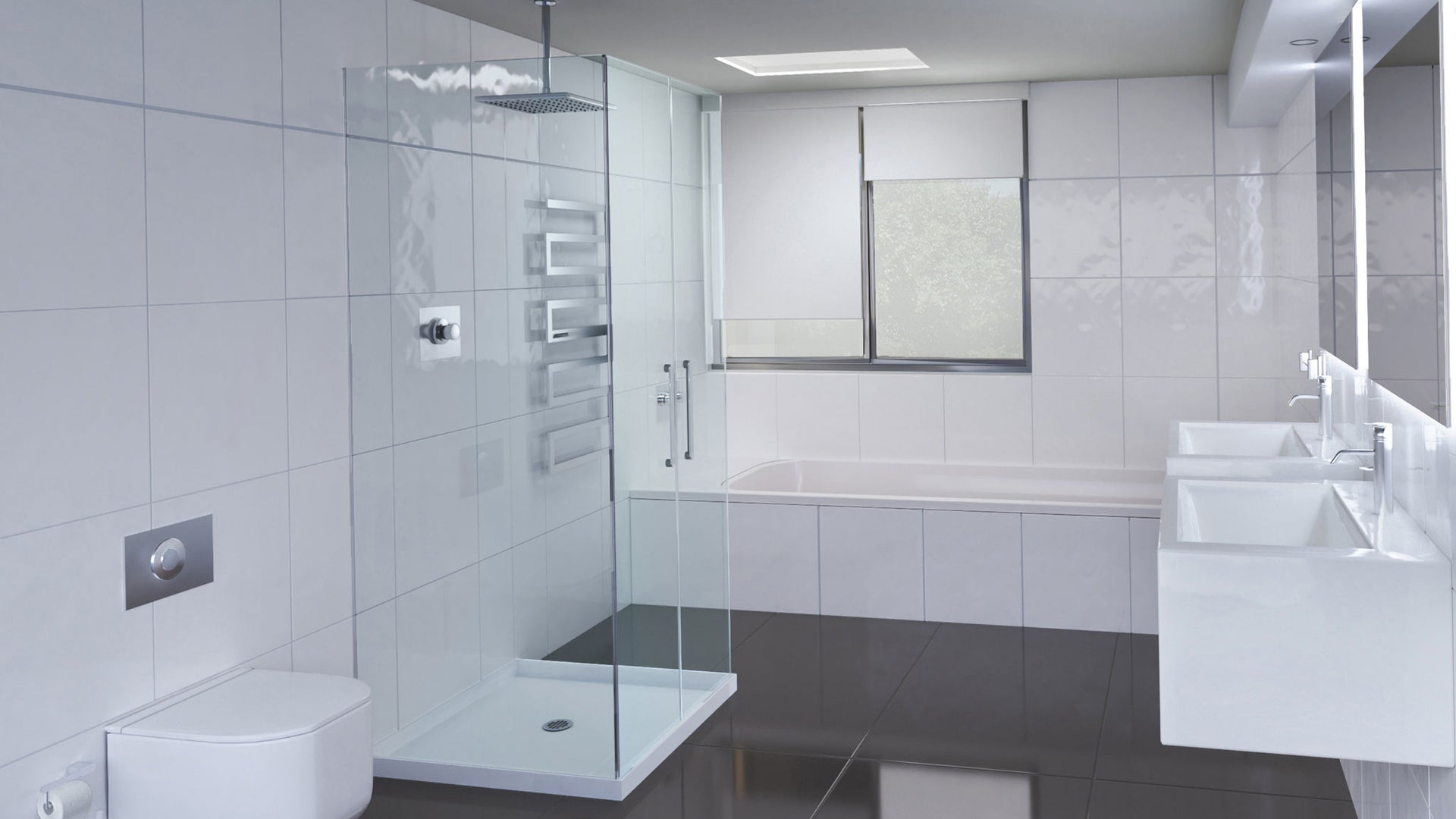 Modern bathroom with shower, WC and washbasin