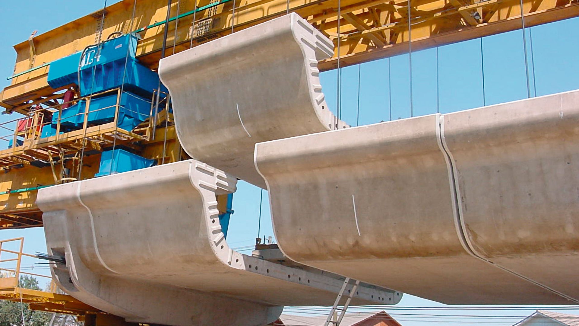 Close-up of a bridge made from precast concrete elements being assembled