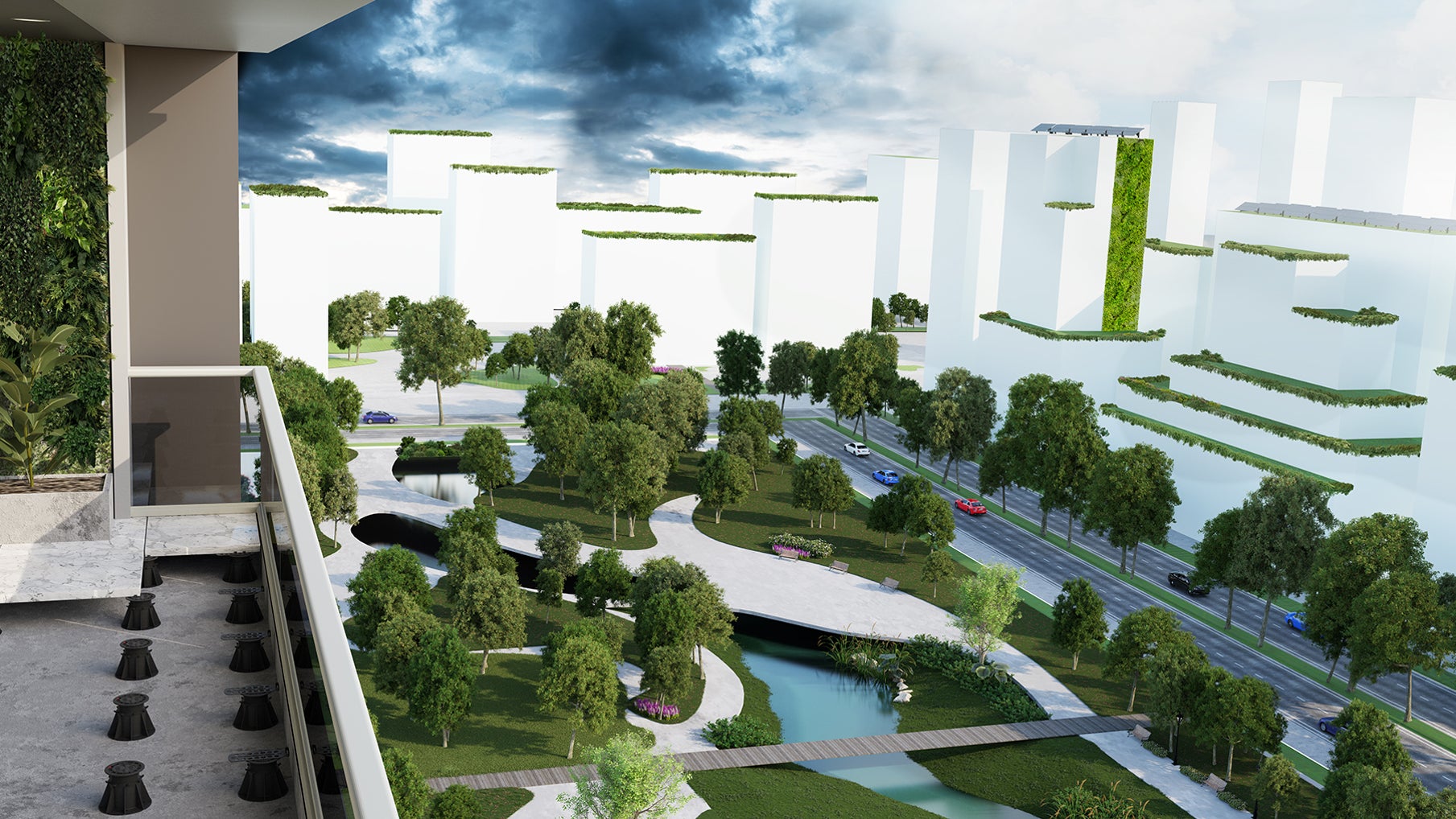 Modern balcony overlooking green urban park