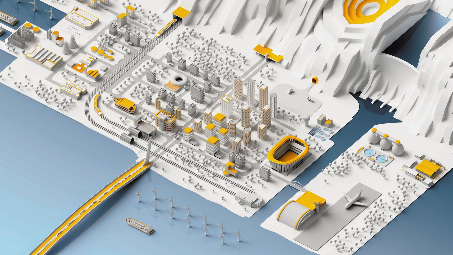 Illustration of Sika city in white, grey, blue and yellow showing highrise, urban landscape, bridge, airport, dam and more