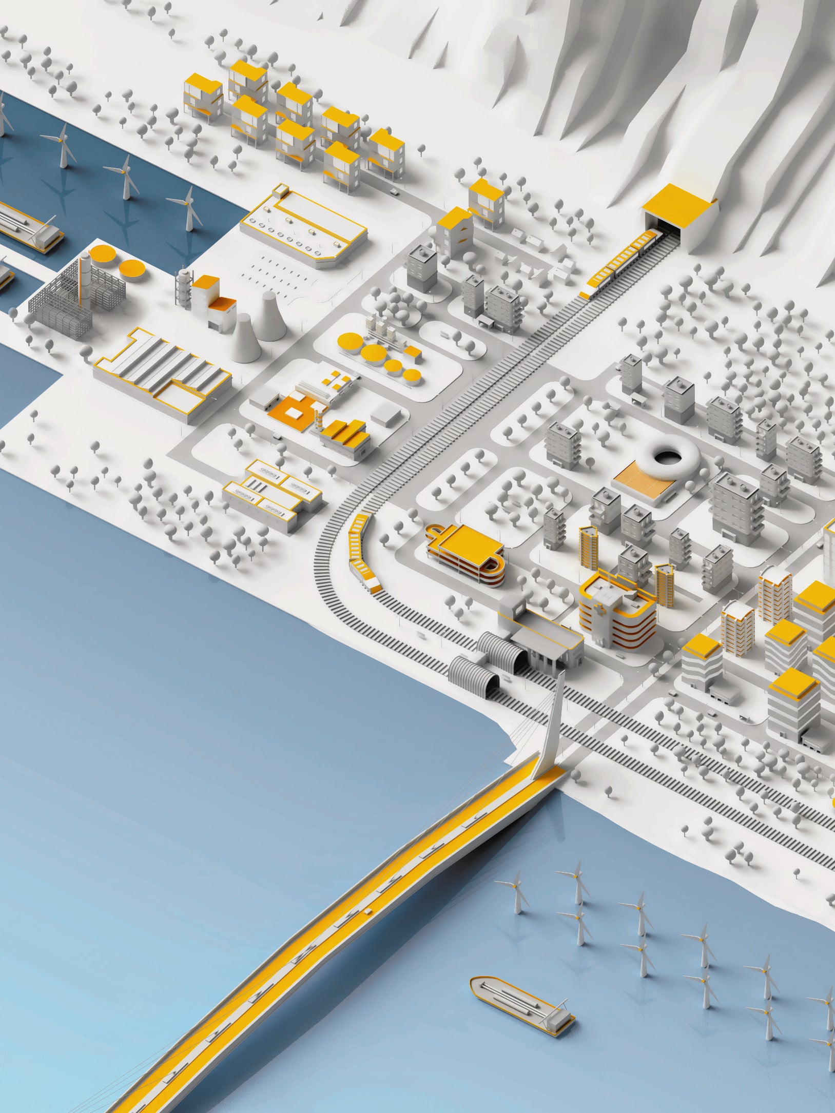 Illustration of Sika city in white, grey, blue and yellow showing highrise, urban landscape, bridge, airport, dam and more