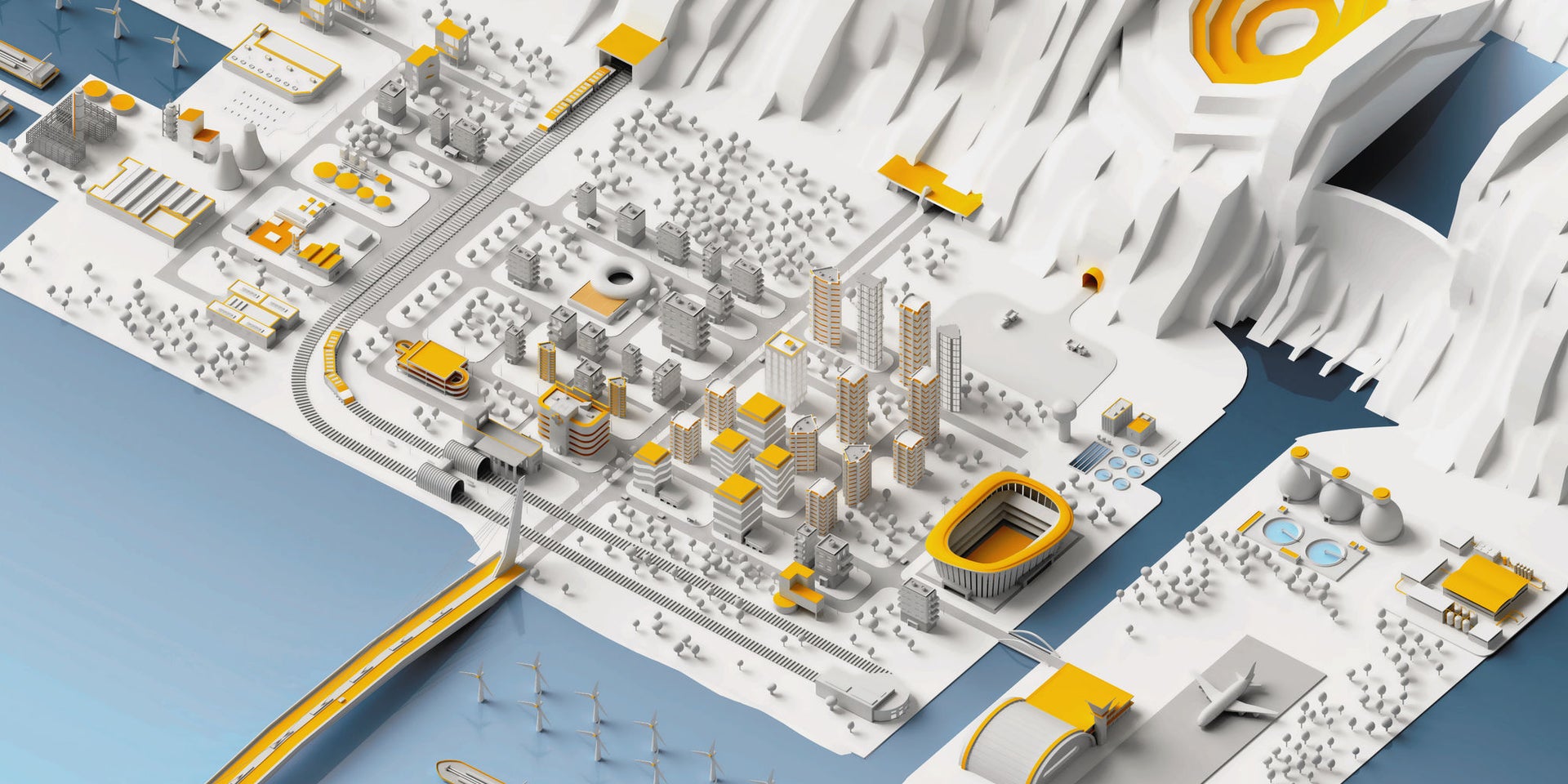 Illustration of Sika city in white, grey, blue and yellow showing highrise, urban landscape, bridge, airport, dam and more