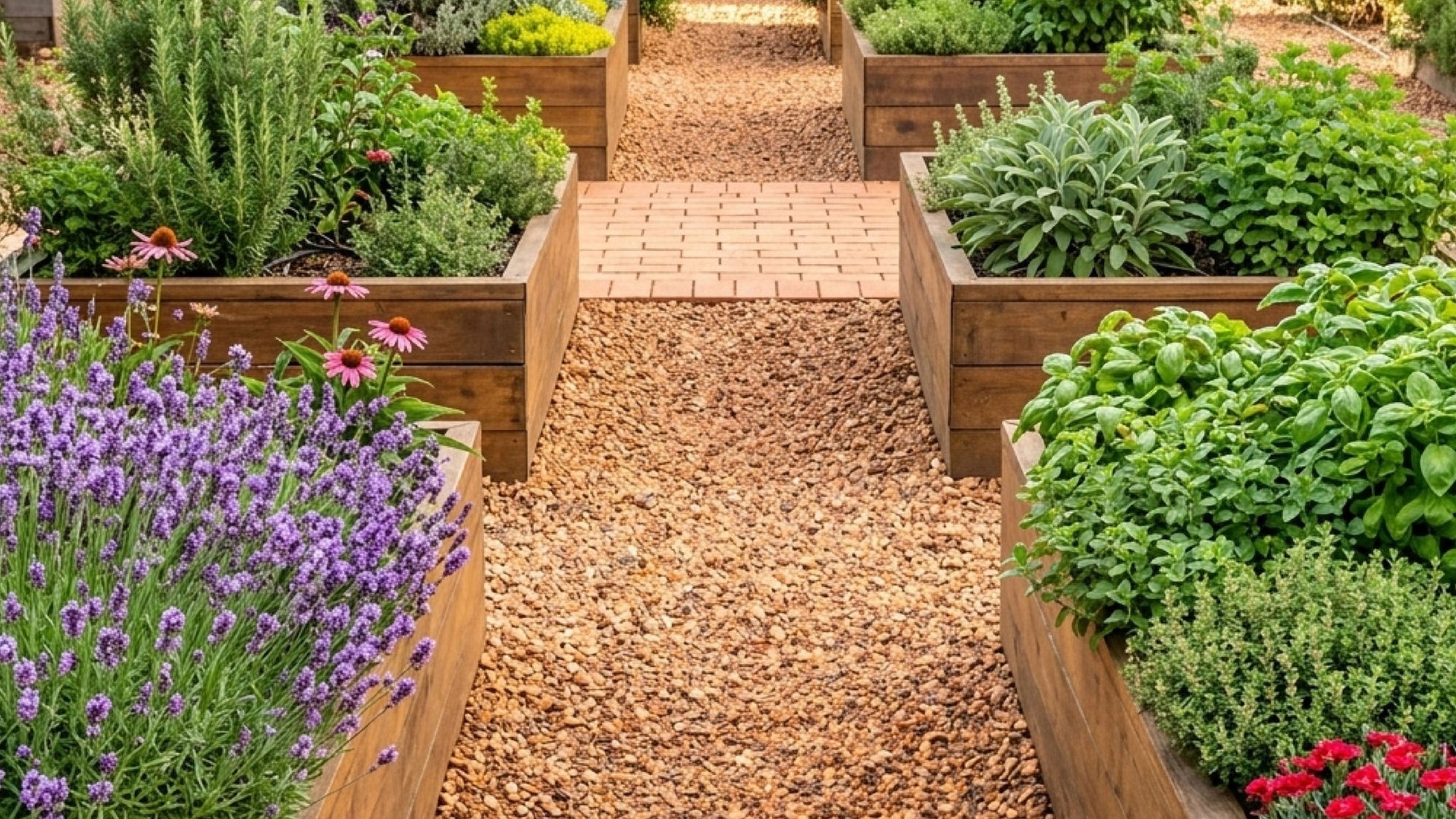 Colorful raised herb garden with pathways