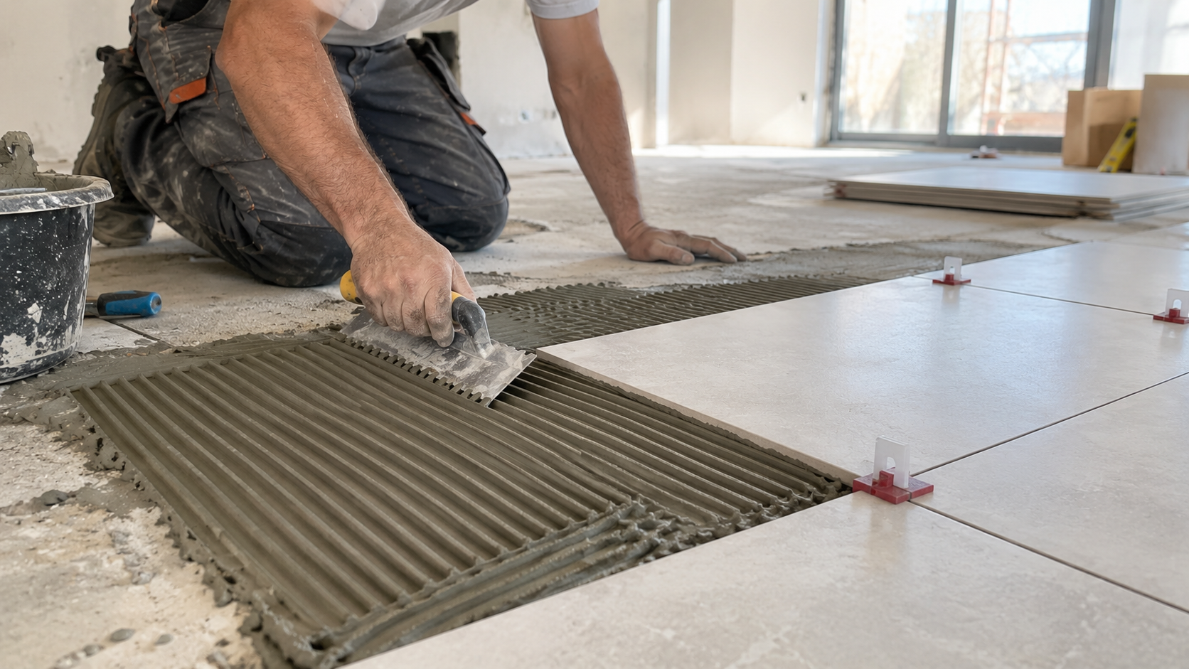 Worker installing ceramic floor tiles indoors