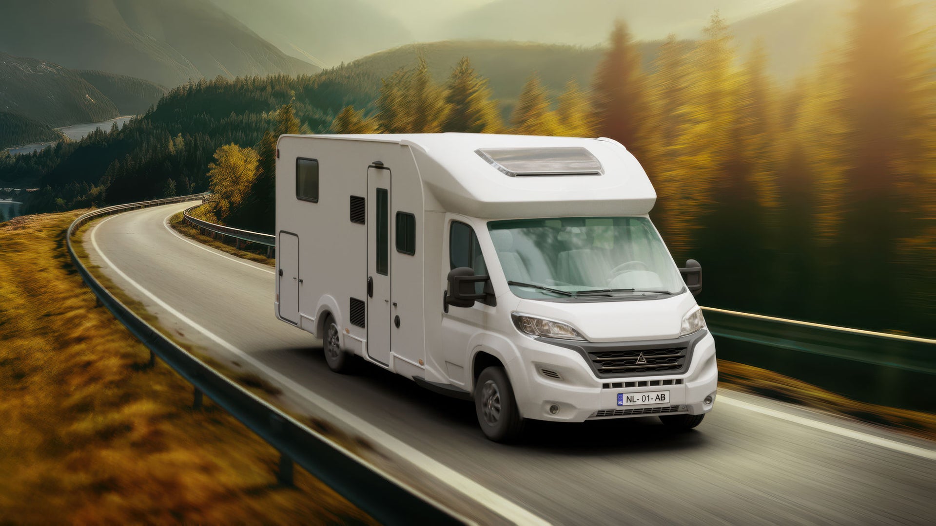White camper van on scenic mountain road