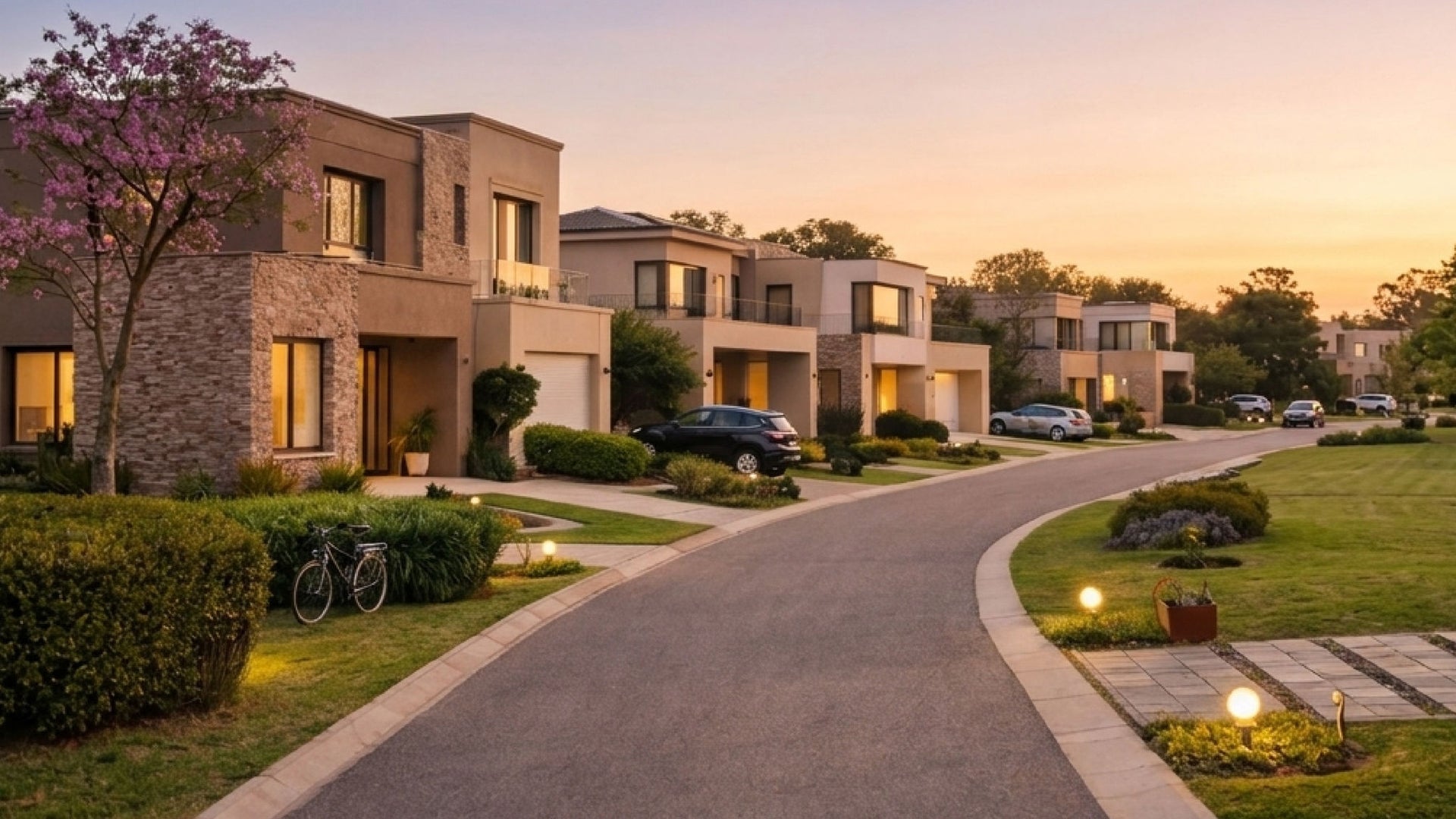Modern suburban houses at sunset on street