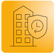 Building security shield with clock icon
