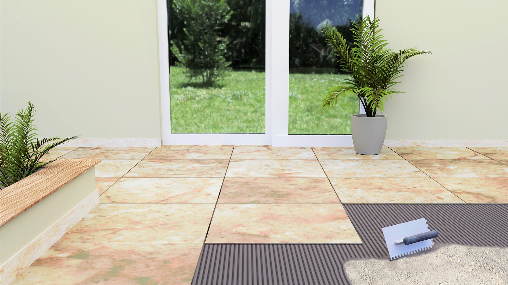 Outdoor tile installation with adhesive tools