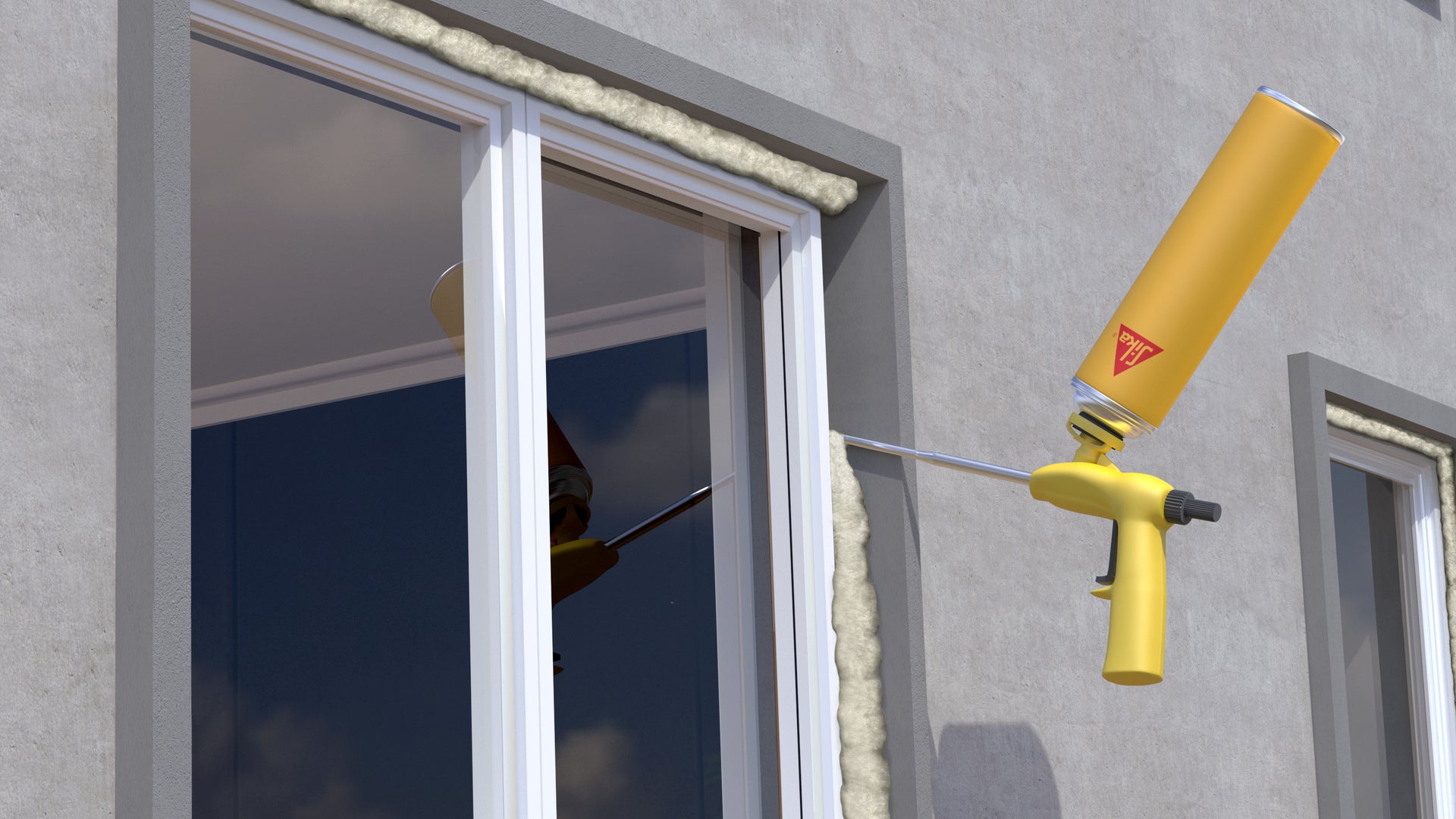 Illustration of Sika Boom construction foam being applied at window joint 